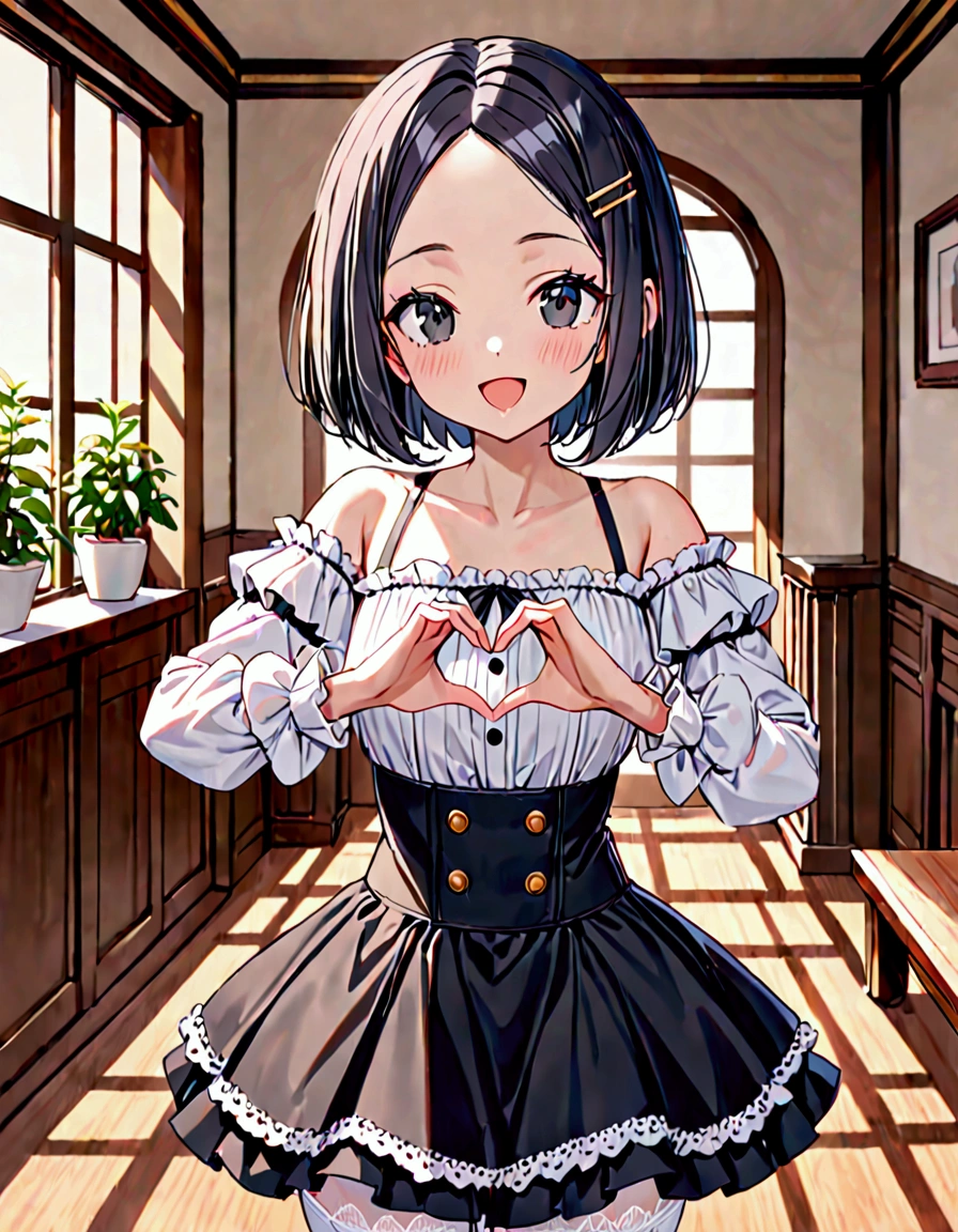 (masterpiece)(best quality)(ultra detailed)(high resolution),solo, petite girl, black hair short hair, bob cut, (forehead:1.2)(hairpin in center parted bangs:1.2), black eyes, slender body, medium hip, ;D, milky white blouse off-shoulder blouse, long sleeves, black skirt high waist flared skirt, indoors, milky white stockings with lace trim, upper body above knees, pose of looking front, heart hands,