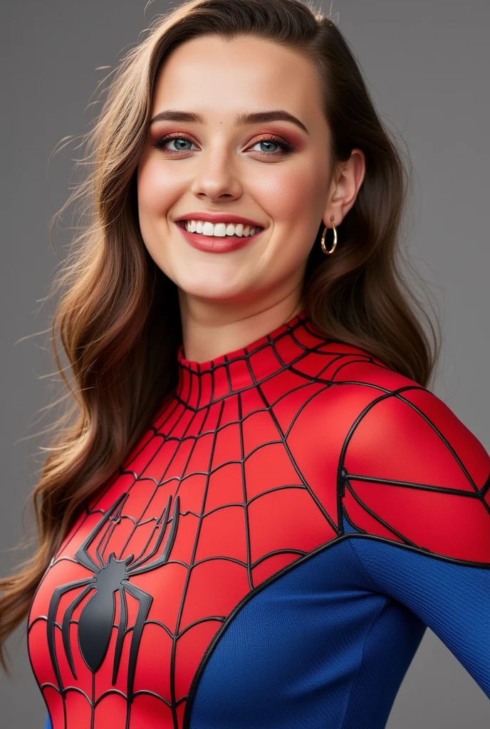 Hyper-realistic and detailed full-body photo of a smiling young woman wearing a Spider-Man outfit.  perfect eyes, ( eye makeup  :1.1), (detailed skin:1.1), (perfect large ), CRU, analog style, sharp focus, 8K UHD, dslr camera,  high quality, Fujifilm XT3, grain, awarded, masterpiece.