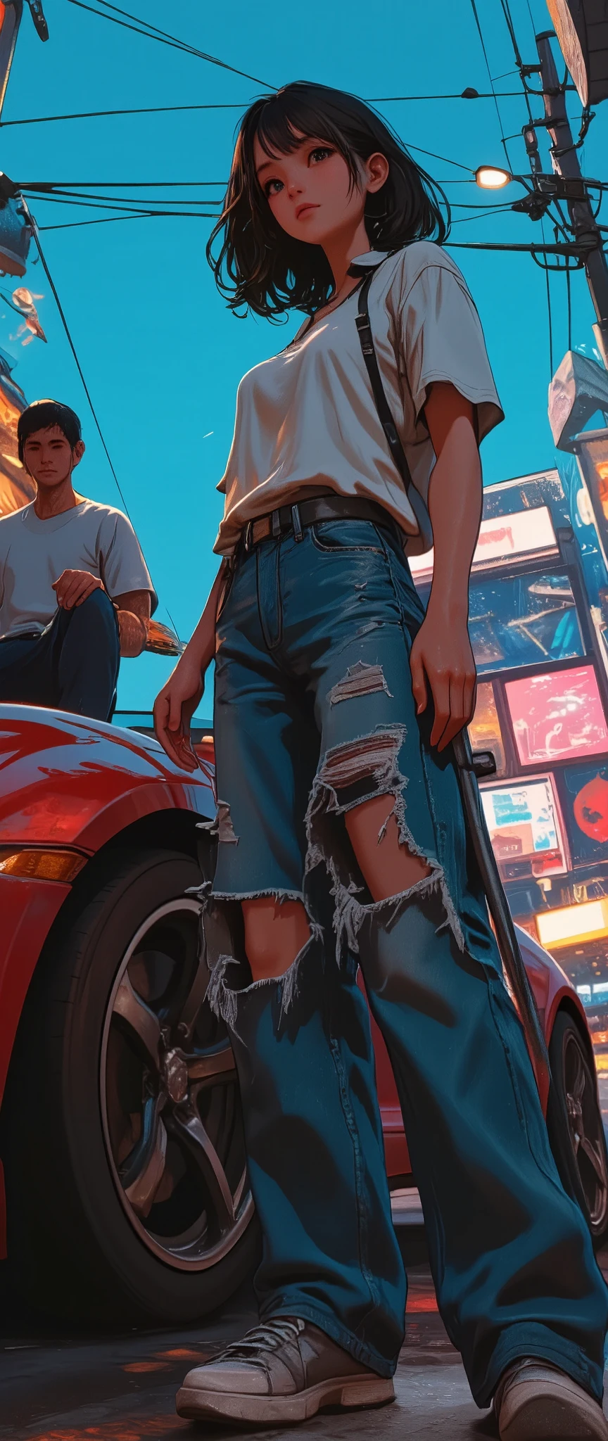  Anatomically Correct, plano general,   full body , (( car a woman in broken jeans standing next to a car,  a man sitting on the hood of the GTA v  :1.5)), Style Ross Tran, realistic art style,  In the style of Ross Tran , Ross Tran.  Scenic background  ,   beautiful digital artwork  , lois van rossdraws, realistic art style,  impressive digital illustration , ross drawings 1 . 0,   impressive art style  ,   Leia Organa from Star Wars    ,quality\(8K, extremely detailed CG unit wallpaper ,  high resolution, top-quality, top-quality real texture skin,  hyperrealistic,   increase resolution  , RAW photos, best quality,  highly detailed , The wallpaper  ,  Golden Ratio ,    high saturation realism   ,   vibrant colors  ,   'dramatic lighting'  ,   persuasive storytelling  ,   atmospheric scenery  , Captivating images,   intricate details  , strong emotions, dream world\).landscape, U High definition , Retina,  masterpiece , necessary,  Anatomically Correct,  de la vieja escuela,  super detail , High details,  high quality ,  Winner Award  , best quality, highres, 1080P,  High definition , 16K