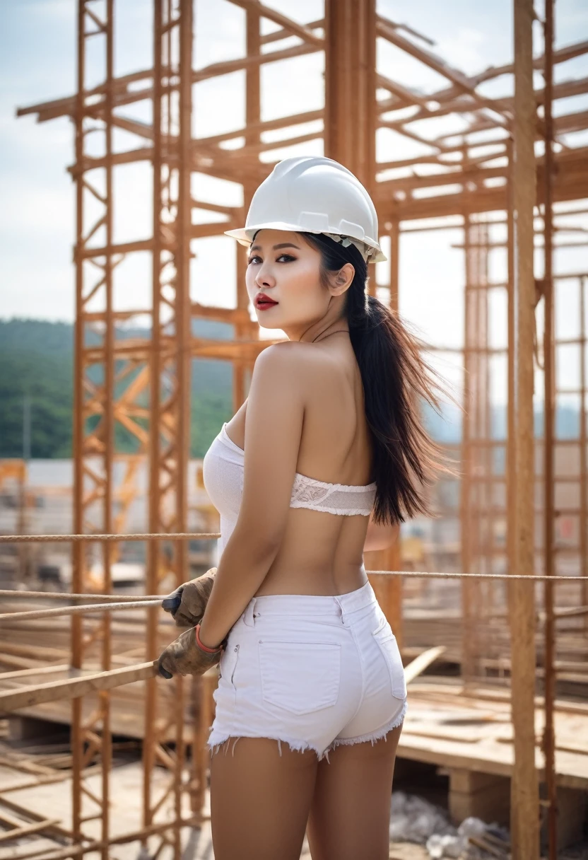 bad quality, an asian woman working on construction site wearing hotpants and without a top, (((topless:1.5))), (outdoor:1.2), ((sweat:1.1)), exposed by sunlight, view from side, (plump:1.6), white realistic human skin, skin detailed