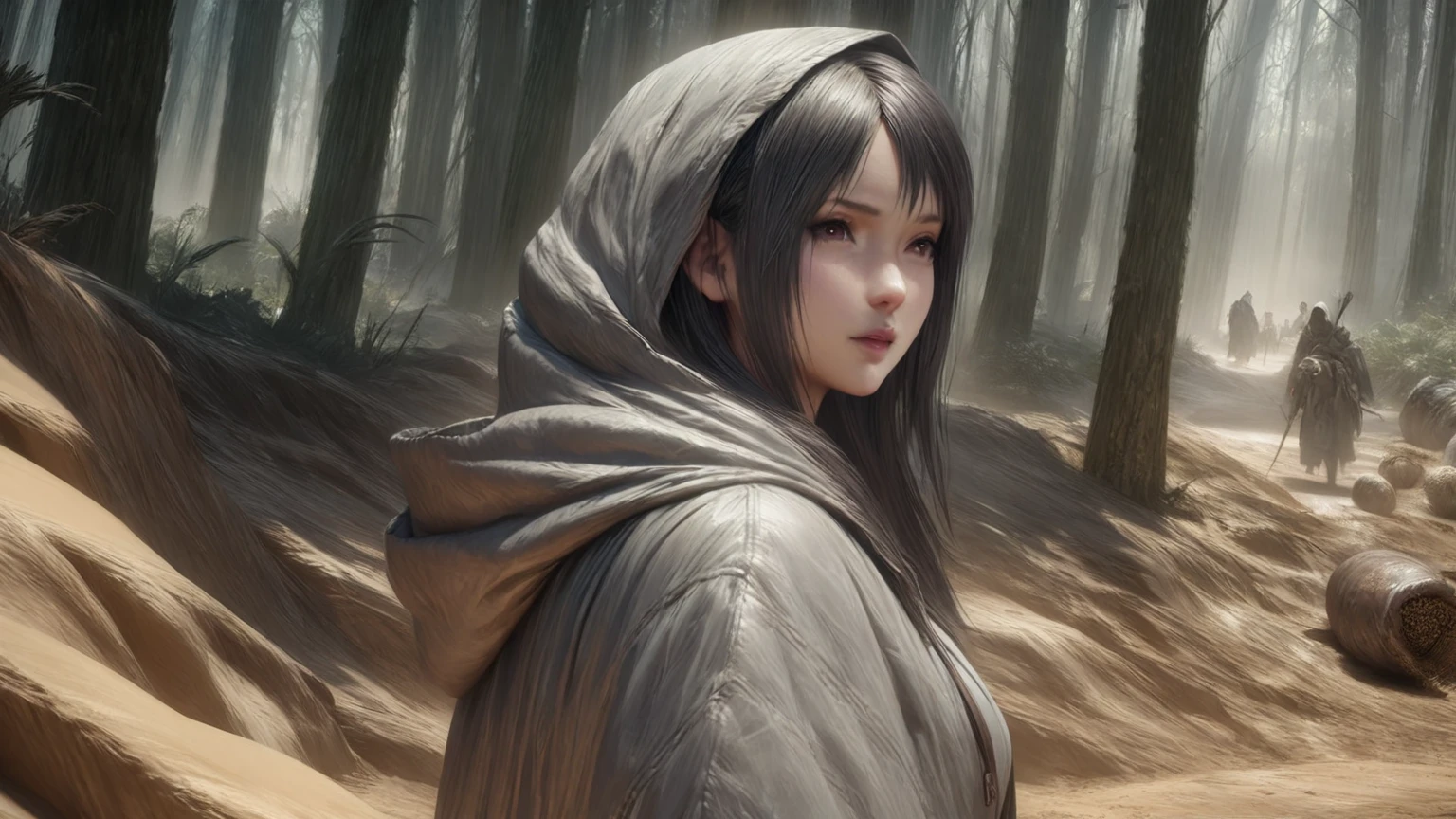 Beautiful girl in gray robe standing in dark forest, Epic Style, Octane Rendering, Desert ingredients,  pretty face,  Ultra Realistic  , painting, Awards, masterpiece ,  popular on ArtStation , Studio Ghibli