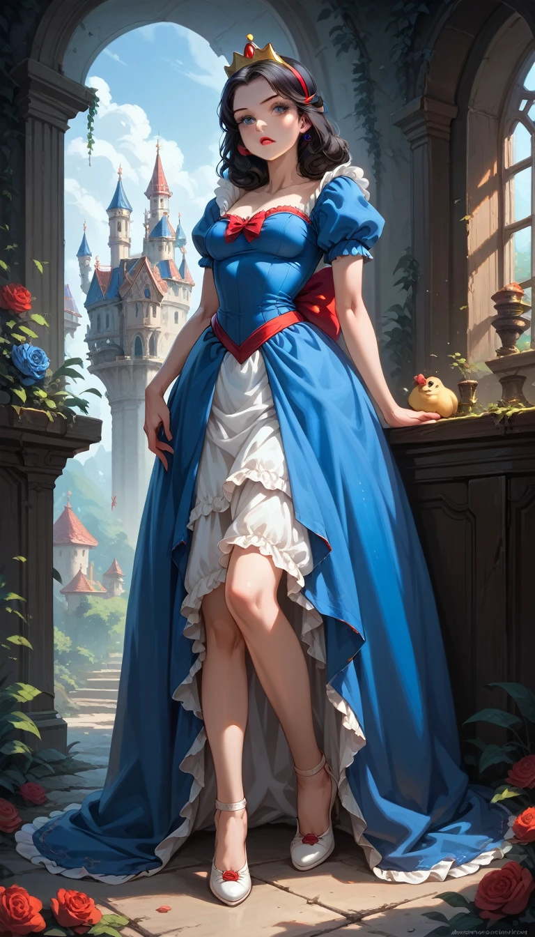 Full-body view of an evil dark mad bad dark side Disney princess, specifically Snow white from Snow white and the seven Dwarfs, beautiful white princess dress, detailed style. Sexy make-up.