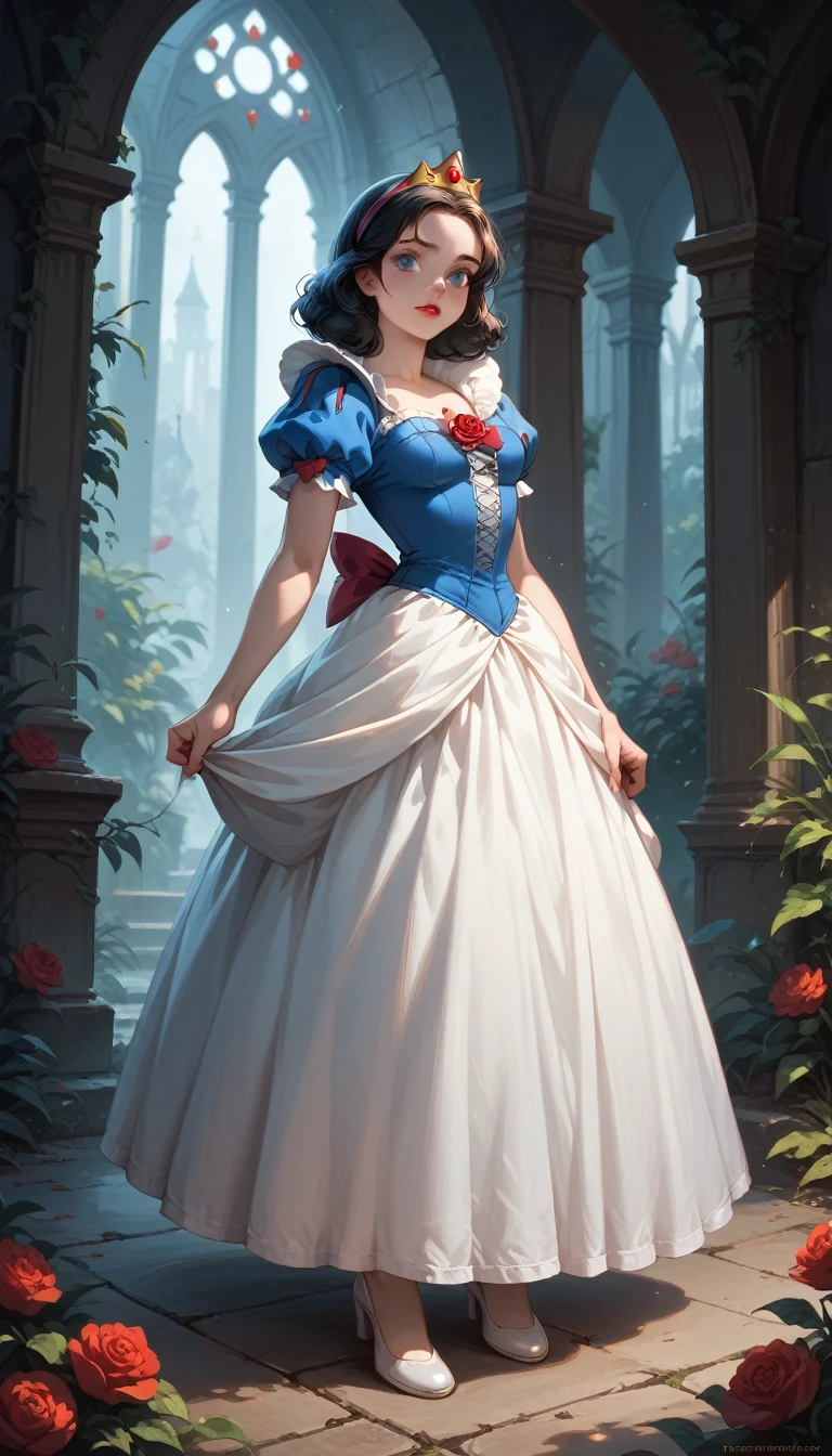 Full-body view of an evil dark mad bad dark side Disney princess, specifically Snow white from Snow white and the seven Dwarfs, beautiful white princess dress, detailed style. Sexy make-up.