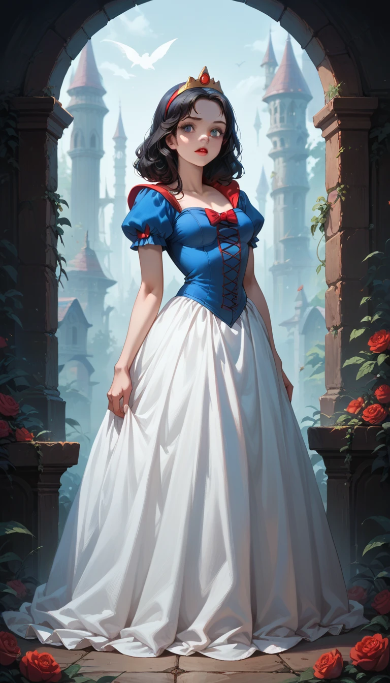 Full-body view of an evil dark mad bad dark side Disney princess, specifically Snow white from Snow white and the seven Dwarfs, beautiful white princess dress, detailed style. Sexy make-up.