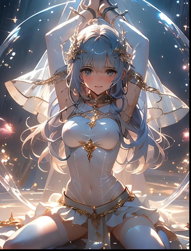 （（（ＳＦＷ、Precision、Highest quality、A first-class masterpiece、Normal body、8k、  Detailed Face 、Ultra-precision、 Normal hand、５refer to、Highest）））、Silver Hair Magical Girl、Big Breasts、 slender、Nipple erection、A pure and innocent magical girl who is neat, pretty, and still leaves a sense of emptiness, lost in battle and blushed and panted in a very embarrassing manner, blushing and panting in a very embarrassing, ultra-thin, high-leg leatherard with transparent, and transcendental erotic transparent slit skirt costumes that were transparent and transparent, and she was forced to spread her legs and spread her arms outstretched while being held in the air