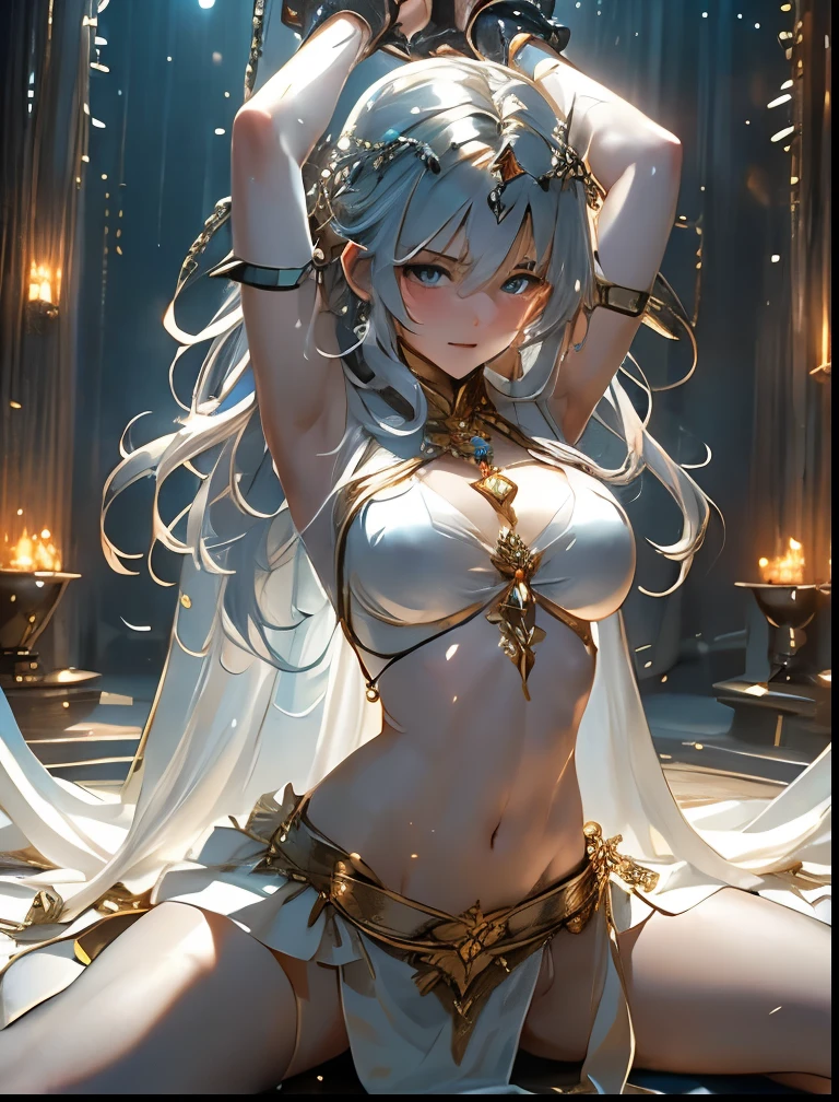 （（（ＳＦＷ、Precision、Highest quality、A first-class masterpiece、Normal body、8k、  Detailed Face 、Ultra-precision、 Normal hand、５refer to、Highest）））、Silver Hair Magical Girl、Big Breasts、 slender、Nipple erection、A pure and innocent magical girl who is neat, pretty, and still leaves a sense of emptiness, lost a battle and didn't hide her important points, was torn apart in an ultra-thin high-leg leatherard with transcendental erotic sparkling nipples and a super erotic transparent slit skirt costumes, forced to spread her legs, and was restrained by a large number of chains in a state where her hands were spread out, and suspended in the air so embarrassingly blushing and cliaking while panting