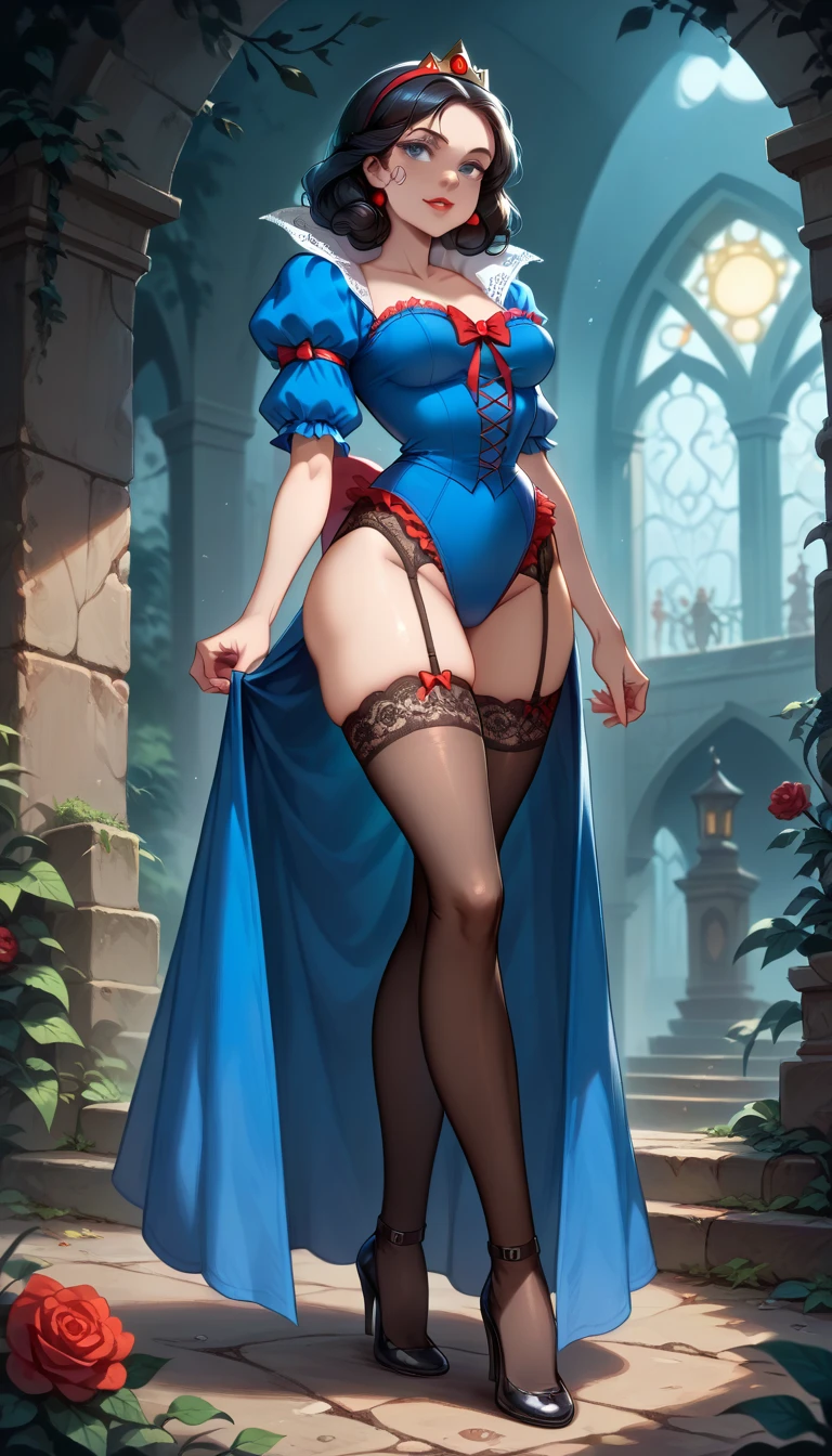 Full-body view of an evil dark mad bad dark side Disney princess, specifically Snow white from Snow white and the seven Dwarfs, NSFW, ((sexy transparent lace négligée and sexy lace transparent stockings:1.5)). Sexy Snow white, a stunningly detailed style. Sexy make-up.