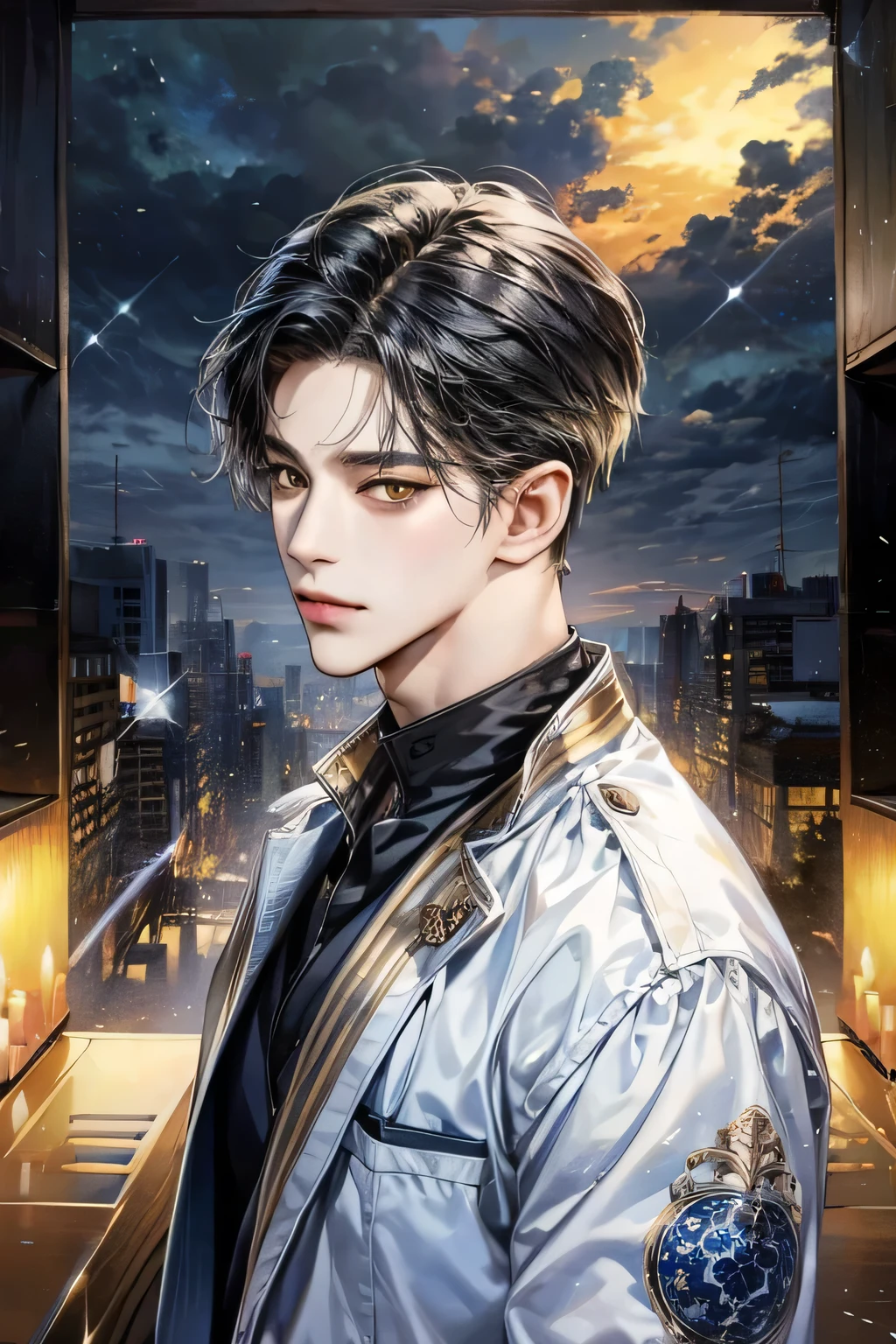 masterpiece, best quality, Detailed Eyes, high quaility, 1 male, male, 1 boy, gentle, soft, handsome, tall, black hair, yellow eyes, have a broad shoulders, One person, a hadsome man, Korean man, cool man, ((현진이랑 얼굴 비슷함))、 undercut, ((짧은 머리)), skinny, ((블랙 수트를 입고 있어)), ((심플한 배경))