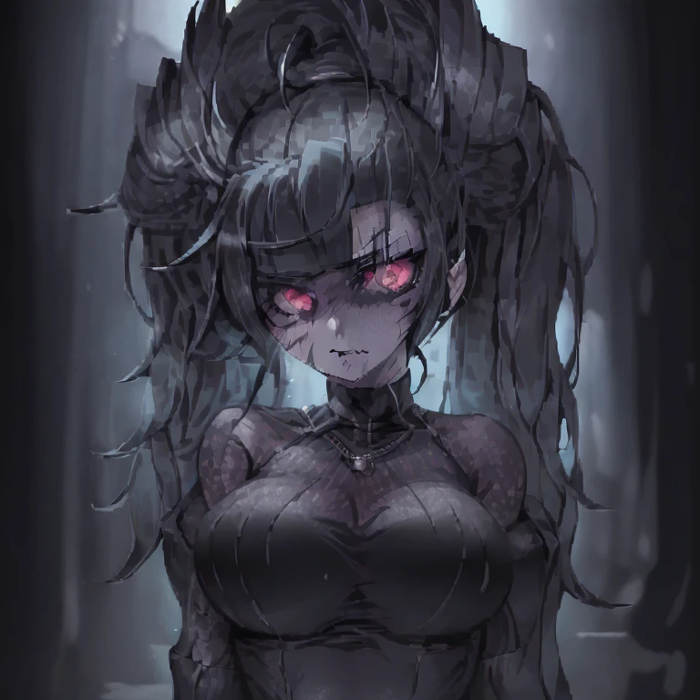 (make pixelart:1.15), horror, Anime style, black and white style with manga shadows, bright colors,  ominous atmosphere ,  psychological stress ,  complex linear work, severed heads , Scars on the face, Mascara smudges, Drain subculture girl. looks angrily,  looks angrily at the same time a sweet girl.