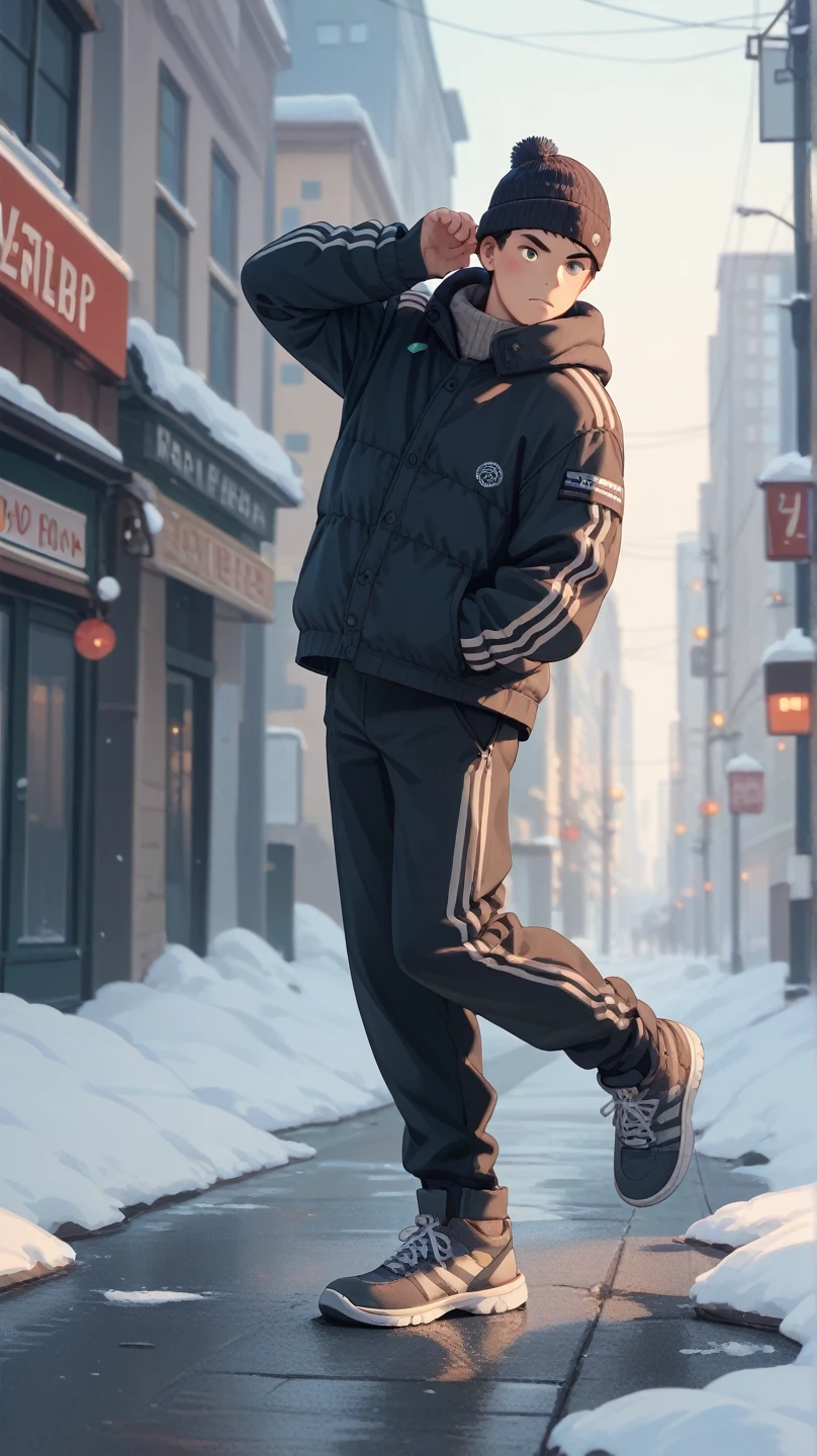 November Vibe's illustration, winter,solo, 1 MALE, urban background, dynamic pose