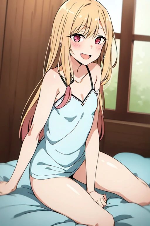 ((Best Quality)), ((masterpiece)), (be familiar with),  perfect face, indoor, bedroom,  watching viewers ,
One woman,  Kitakawa Kaiumi,
 characters with open mouth ,  ecstatic expression, blush, smile,
Small breasts,  flat chest, Young girl, Lori,  s,  girl,
Long Hair,  long hair ,
Leg spread,