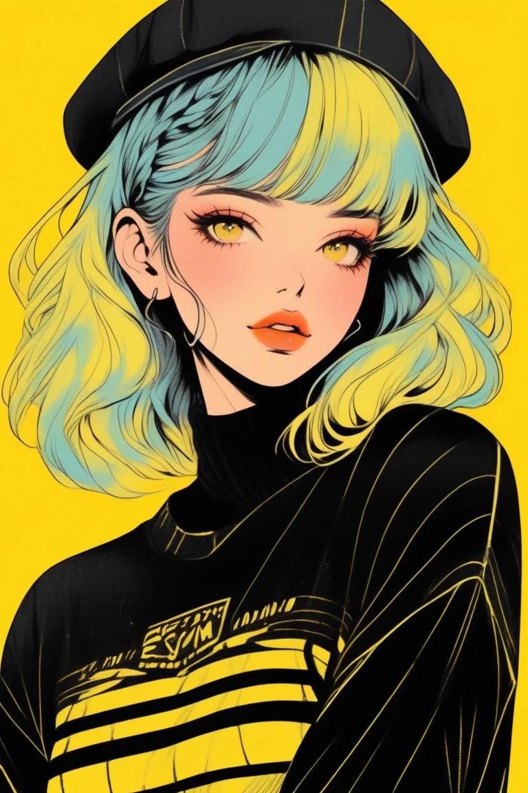 (Best Quality, sketch:1.2),realistic,illustrator,anime,1 girl,detailed lips,jumper,custom,yellow gradient background,neon hair,texture trimming,Canada,masterpiece,style retro classic,noir dark 