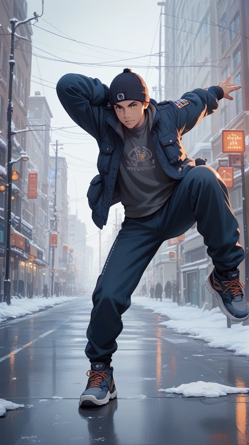 November Vibe's illustration, winter,solo, 1 MALE, urban background, dynamic pose,Highest quality,masterpiece,urban background, dynamic pose