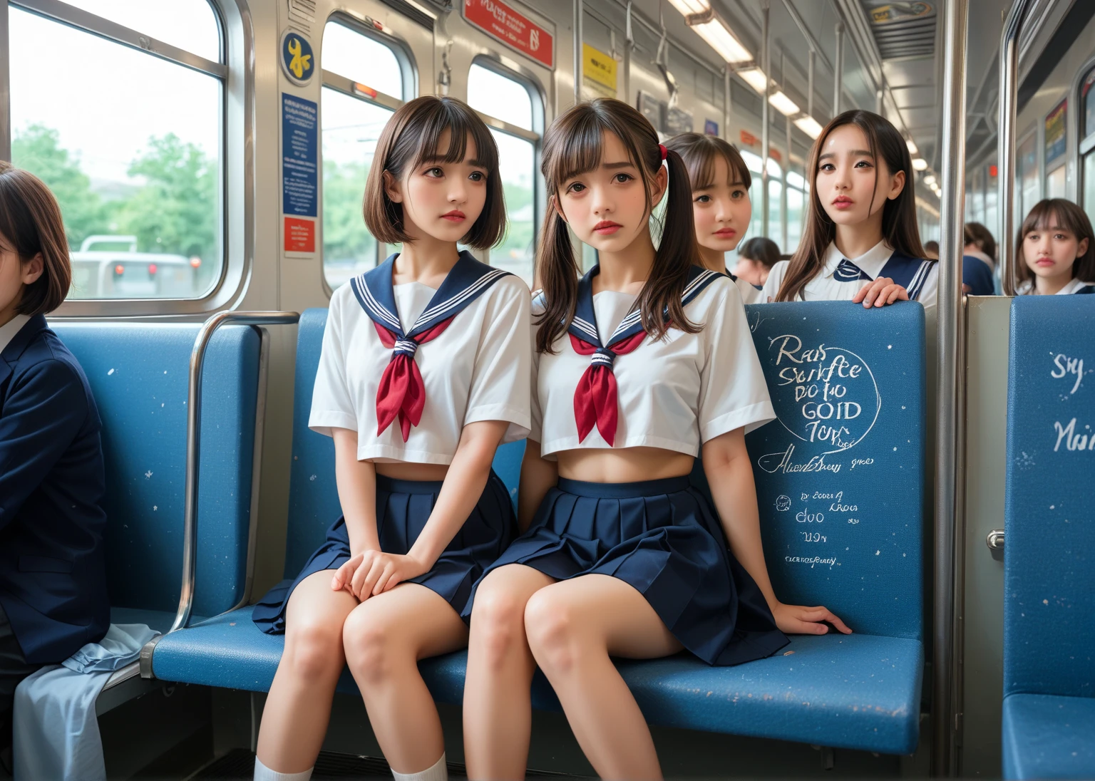 [japanese train]、[Sunlight]、[夏天]、[Blue Sheet]（A dark-haired)、(Neat and clean schoolgirl)、(sixteen years old)、(hi-school girl)、(Skinny Legs)、(White shirt)、(Navy blue ribbon)、(Navy blue skirt)、(a short skirt)、(skinny body shape)、(with round face)、(japanes)、Sweating a lot、perspiring、Clothes are wet with sweat、cute school girl、full body Esbian、2guys、Sit side by side、Sleep with your neck down、Sleep with your eyes closed、Mouth slightly open