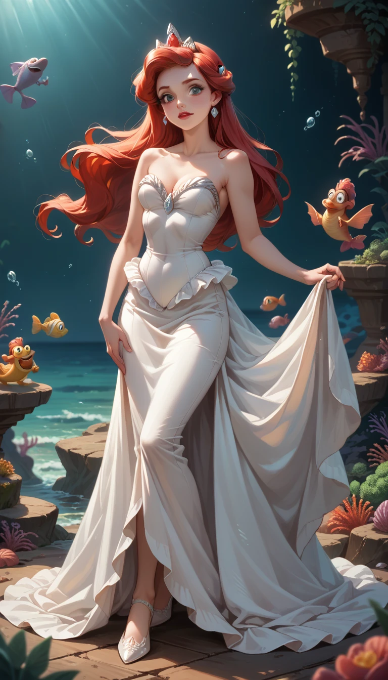 Full-body view of an evil dark mad bad dark side Disney princess, specifically Ariel from Ariel the Mermaid, beautiful white princess dress, detailed style. Sexy make-up.