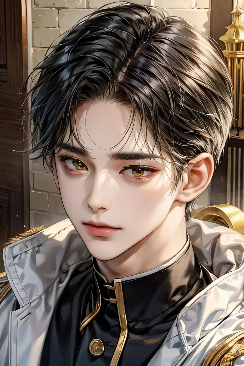 masterpiece, best quality, Detailed Eyes, high quaility, 1 male, male, 1 boy, gentle, soft, handsome, tall, black hair, yellow eyes, have a broad shoulders, One person, a hadsome man, Korean man, cool man, ((현진이랑 얼굴 비슷함))、 undercut, ((짧은 머리)), skinny, ((블랙 수트를 입고 있어)), ((하얀색 배경))