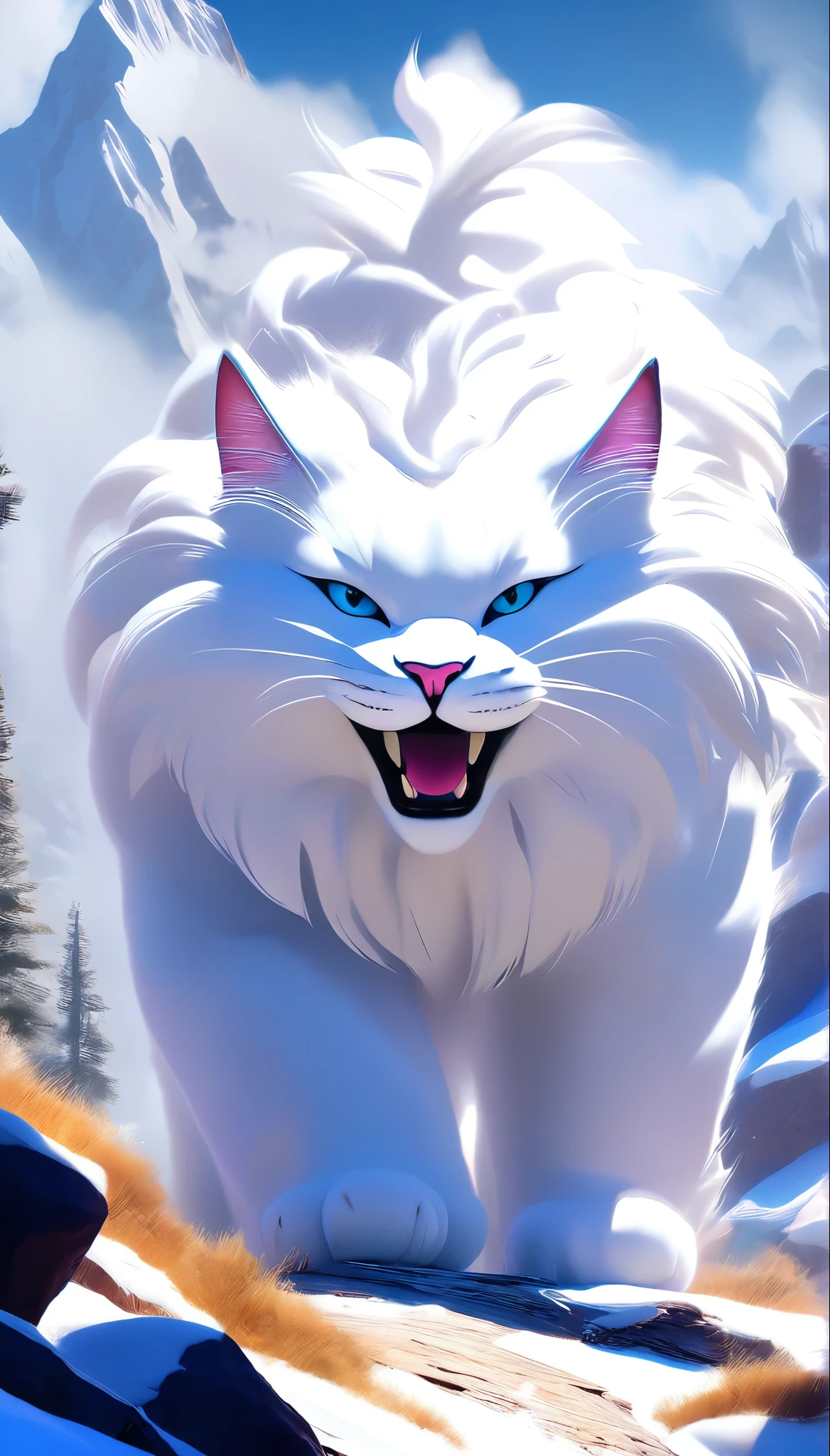 a giant fluffy white cloud-like cat among mountains, detailed furry texture, realistic lighting and shadows, vibrant colors, dramatic cinematic composition, intricate details, fantasy scene, award winning digital art