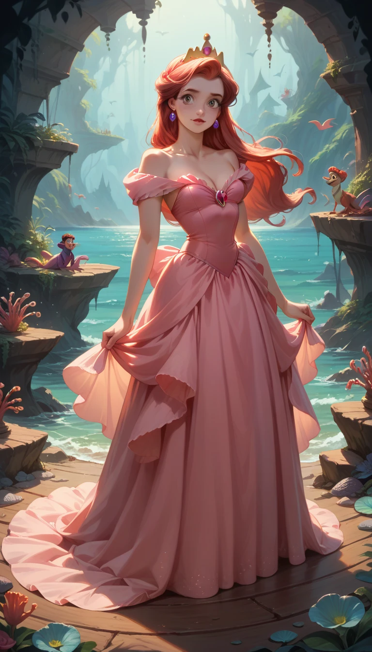 Full-body view of an evil dark mad bad dark side Disney princess, specifically Ariel from Ariel the Mermaid, beautiful pink princess dress, detailed style. Sexy make-up.