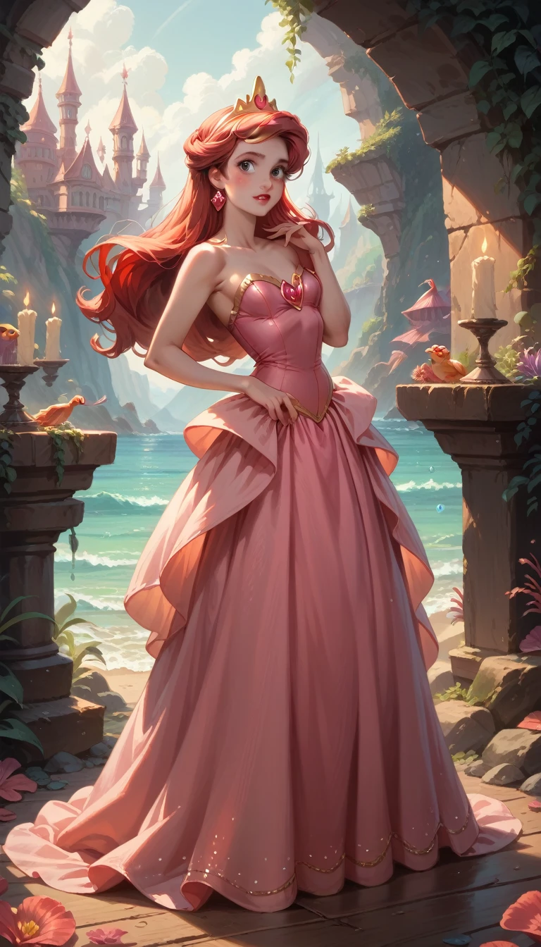 Full-body view of an evil dark mad bad dark side Disney princess, specifically Ariel from Ariel the Mermaid, beautiful pink princess dress, detailed style. Sexy make-up.