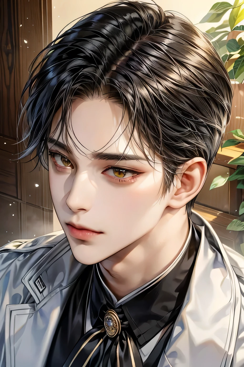 masterpiece, best quality, Detailed Eyes, high quaility, 1 male, male, 1 boy, gentle, soft, handsome, tall, black hair, yellow eyes, have a broad shoulders, One person, a hadsome man, Korean man, cool man, ((현진이랑 얼굴 비슷함))、 undercut, ((짧은 머리)), skinny, ((블랙 수트를 입고 있어)), ((하얀색 배경))