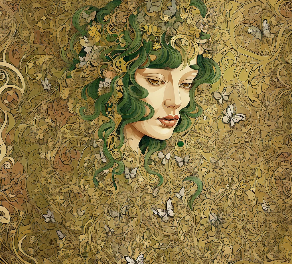 Whimsical portrait of a woman with butterflies and floral elements, featuring a soft color palette of greens and yellows, illustrated in a mixed-media style with abstract textures and patterns, conveying a sense of and transformation.
