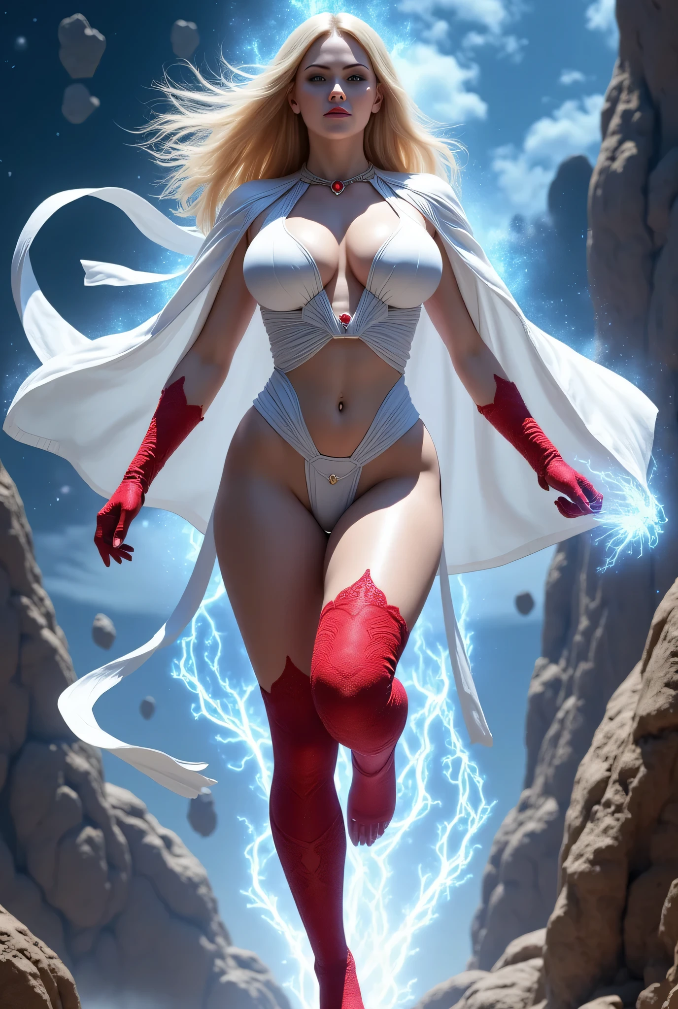 ((best quality, masterpiece, score_9, score_8_up, realistic photograph, life-like realism)), a muscular blonde goddess, (((iridescent sparkling silver skin, glowing white eyes, she floats in space with an aura of glowing white magical energy radiating from her, dynamic power pose, one knee raised))), ginger hair floating windy, white silk body armor Hi3SSS, white silk ribbons wrapping her torso and a cape of white ribbons, bright red Chantilly intricate lace boots and red gloves, ruby necklace, background space, she's flying through space bokeh faraway asteroids, she radiates phenomenal cosmic power
