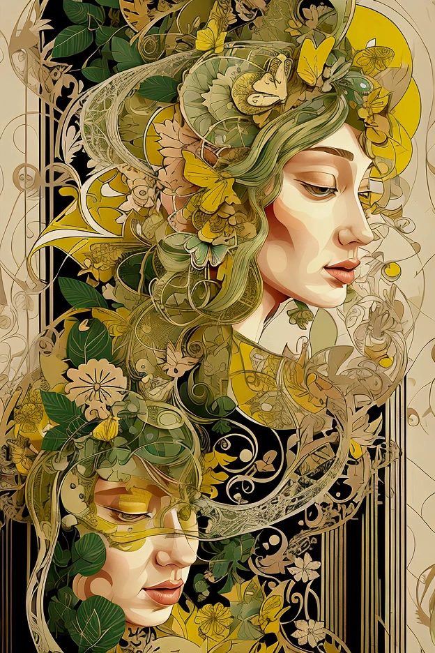 Whimsical portrait of a woman with butterflies and floral elements, featuring a soft color palette of greens and yellows, illustrated in a mixed-media style with abstract textures and patterns, conveying a sense of and transformation.
