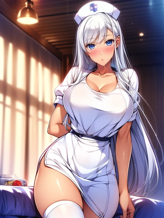 top-quality、Full limbs、complete fingers、1 beautiful woman,(ideal ratio body proportions:1.5), beautiful detailed face, perfect feminine face,mole under eye、sweat、Slender beauty、straight haired、silver hair、((white mini skirt Nurse Uniform))、(coverd nipples:0.9)、very skinny、cleavage、 nurse hat、White pantyhose、hospitals、Hospital Room、on Patient bed、used condom、vulgarity、spoken heart、(tan:1.5)、