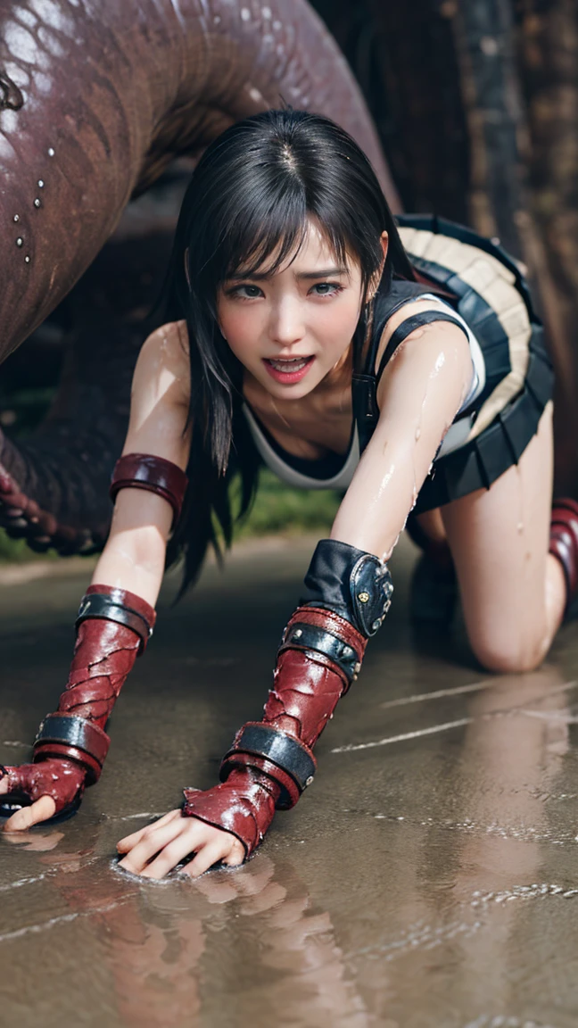 (8k、top-quality、​masterpiece:1.2)、(Realistic、 photorealistic :1.37)、 Ultra High Definition、  Tifa is restrained by tentacles、片Elbow pads、Ankle boots、Frayed black skirt、 black rhinoceros、Red Boots、Elbow hand pockets、Elbow pads、Fingerless gloves、 suspender skirt 、Ripped white tank top、 ponytail、Length Hair、(((  tattered clothes 、 overexposed 、Torn clothes、Torn Skirt、 ragged skirt 、Chest Cleave 、I see beautiful breasts,  full body wet  、My whole body is wet)))、(((Tentacle Ground、Tentacles wrapped around the body、The tentacles wrap around the whole body、Surrounded by tentacles 、 body is bound by many tentacles 、Hands bound by tentacles 、  legs bound by tentacles  、 tentacles grab the whole body 、all-fours、On all fours)))、( moans in pain ,  I feel pain , Tears flow:1.5), suffering,  crying in pain ,