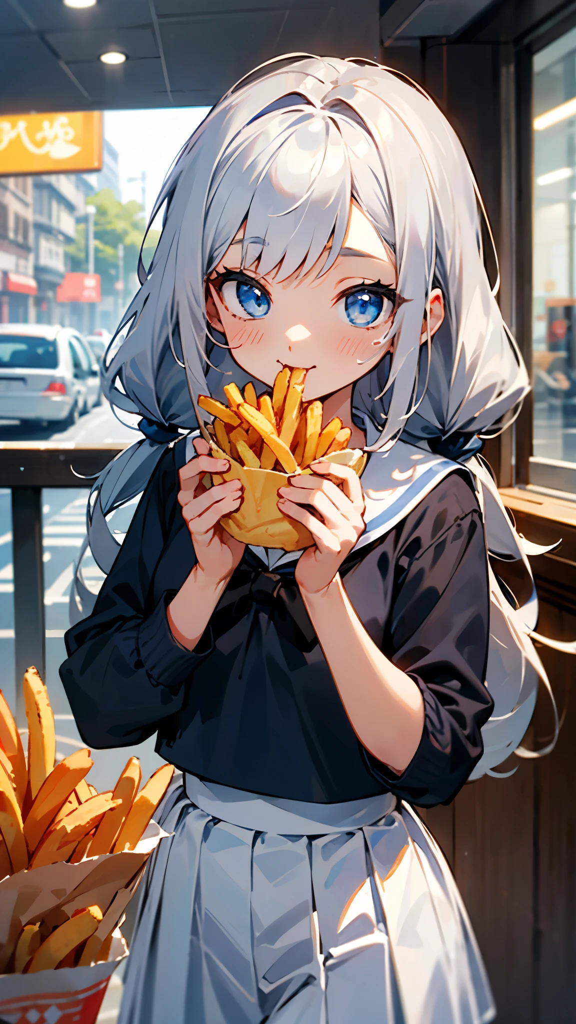 Silver Hair、 long hair 、 blue eyes、 sailor suit、cute、 eats french fries、delicious