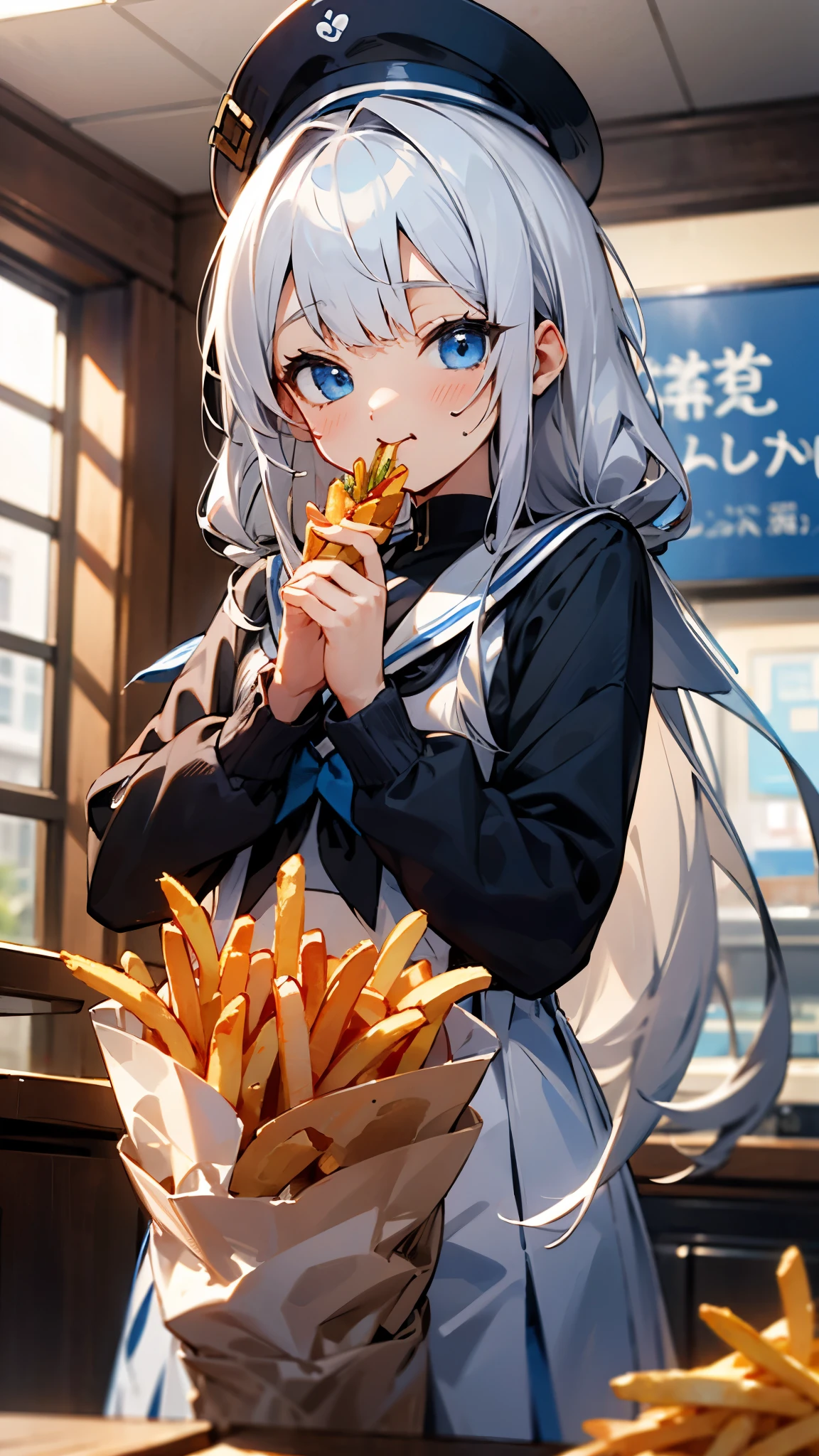 Silver Hair、 long hair 、 blue eyes、 sailor suit、cute、 eats french fries、delicious