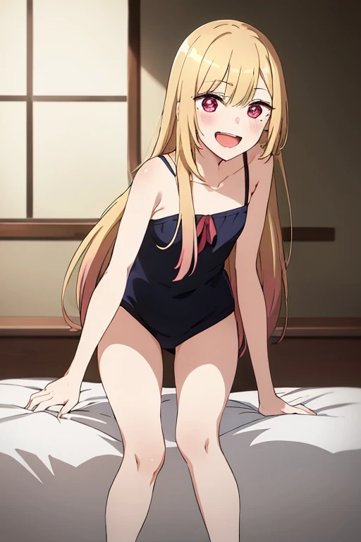 ((Best Quality)), ((masterpiece)), (be familiar with),  perfect face, indoor, bedroom,  watching viewers ,
One woman,  Kitakawa Kaiumi,
 characters with open mouth ,  ecstatic expression, blush, smile,
Small breasts,  flat chest, Young girl, Lori,  s,  girl,
Long Hair,  long hair ,
Leg spread,