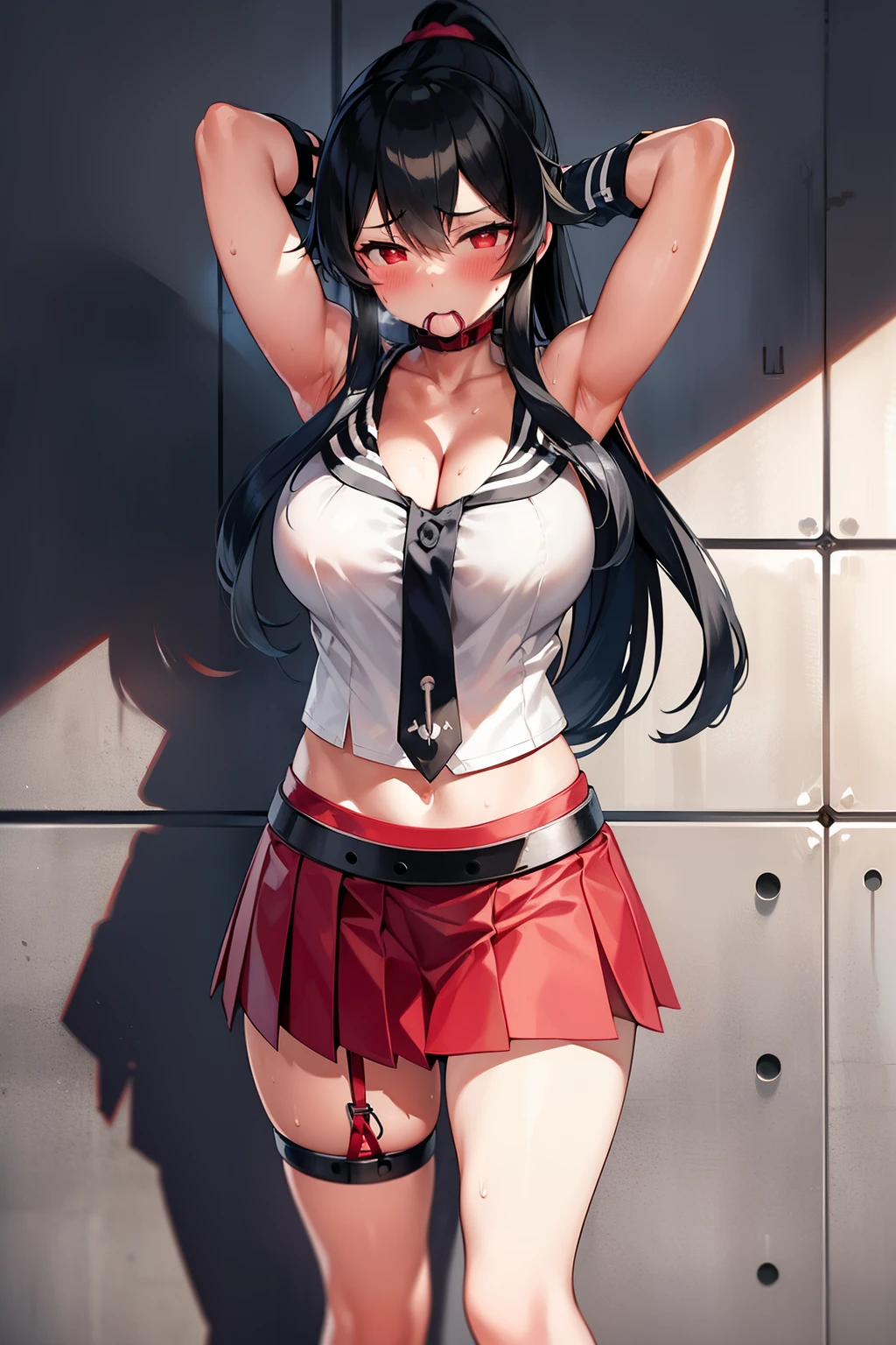 yahagi, (table top, highest quality:1.2), alone, yahagi, full body, ((((chained_arms)))), ((Arms suspended by chains)), ((closed eyes)), ((arms up)), (((arms over head))), arm pit, gag, ball-gag, cleavage, ((sweat)), collarbone, ((scowl)), (((blush))), shy, fold arms, Banzai, ponytail, , (((serafuku))), No sleeve, tie, red skirt, single thigh high, white gloves, ((large breasts)), highest quality, expressive eyes, perfect face, concrete floor, concrete wall, In basement, basement, surreal, Extremely detailed, detailed face, standding, highly detailed texture, (shiny hair:1.05), (shiny skin:0.97), (Big eyes:0.95),ball gag,chained_up