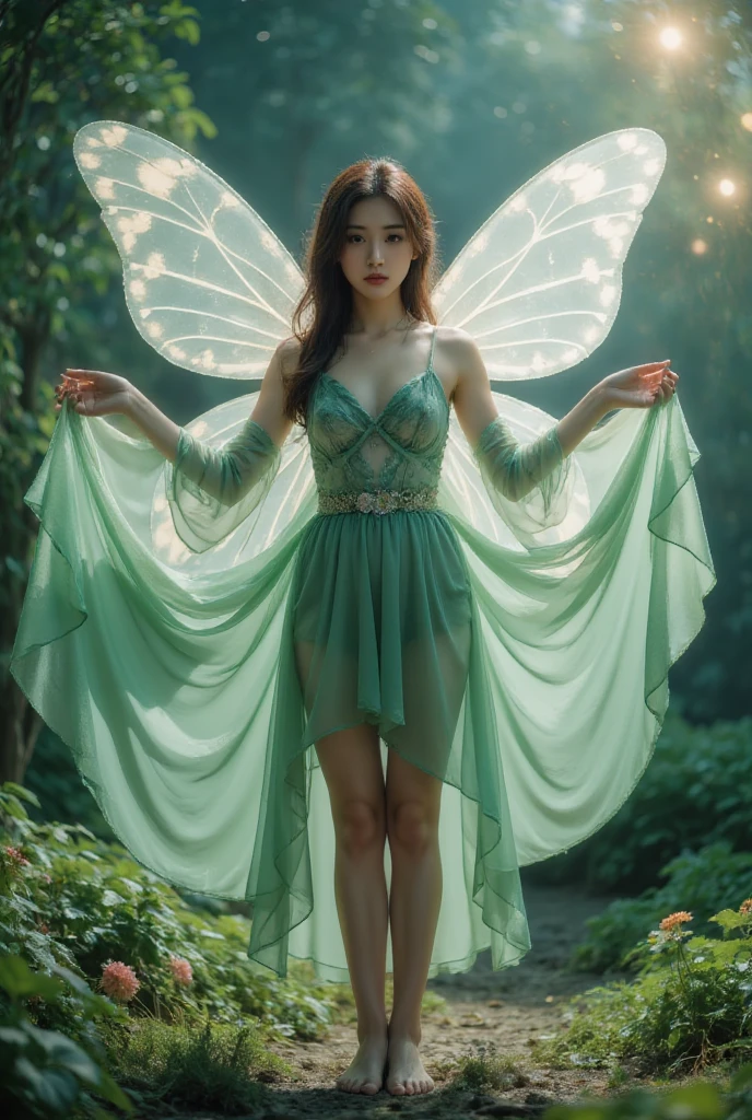 （（（（（Standing snapping refracts ）））））， Transparent leggings ，4K Ultra HD,  masterpiece ,  a girl , Good face,  meticulous eyes ,  Detailed Lips , Flower fairy girl, Big Wings, Transparent wings, Neon, (Galaxy Background:1.5), (Floral skirt:1.5),  Green Dress , In Heaven,