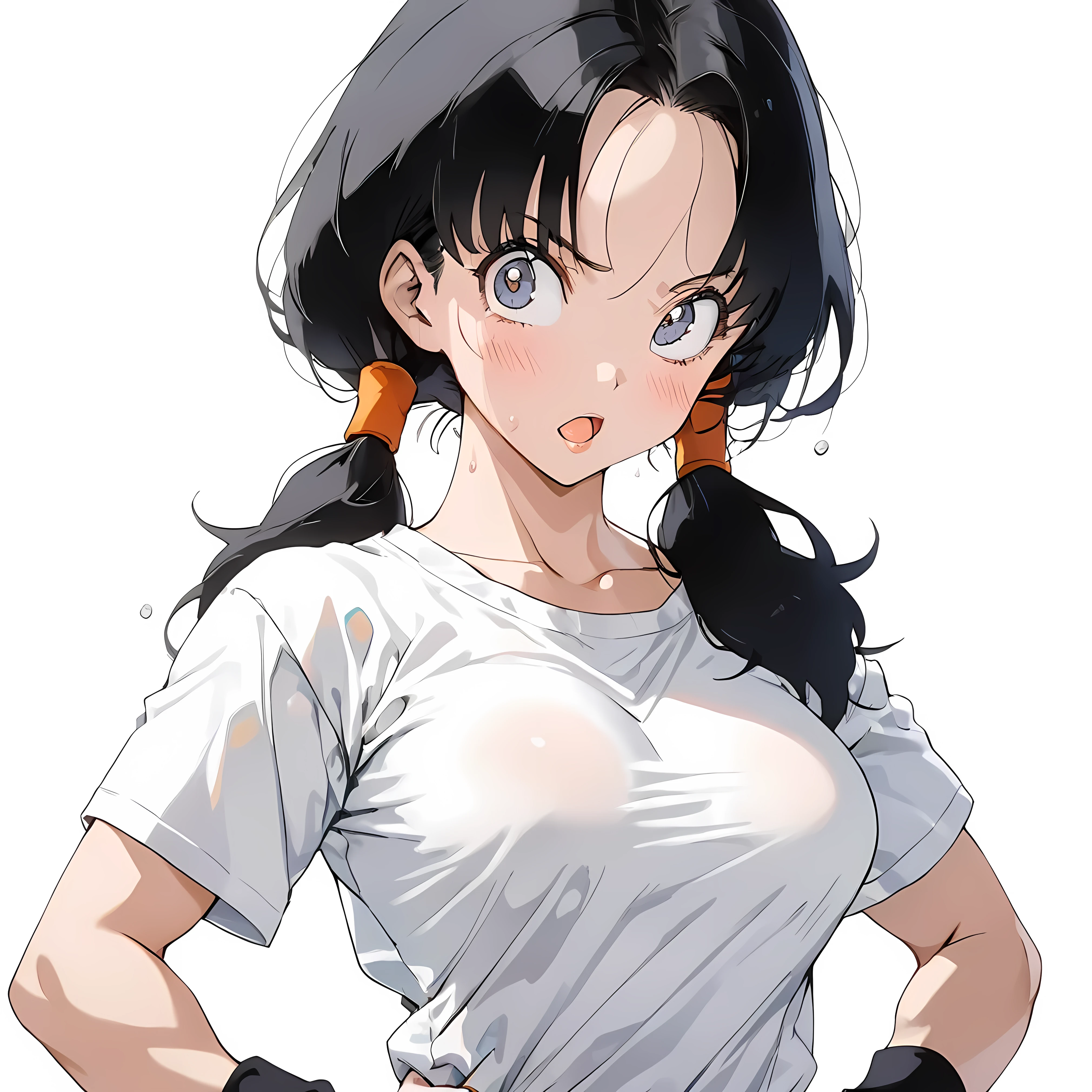 masterpiece, Best Quality, High resolution,16k,super detailed skin, (Videl),1990s \(style\),C cup beautiful breasts、height: 160cm,Sweating all over the body,athlete Muscular,sexy,1 girl,solo,Anime-style painting style,black short hair,low twintails hair,center parted swept bangs,forehead,boyish,Big eyes、Cool look,Pointed Eyes,White short sleeve T-shirt,Composition focusing on the upper body,blush,Showing cleavage,Anime-style painting style,,A composition that shows the whole body,Captivating look,Seductively Posing,(white simple background:1.5),(sexy,ahegao,vulgarity:1.2),closeup