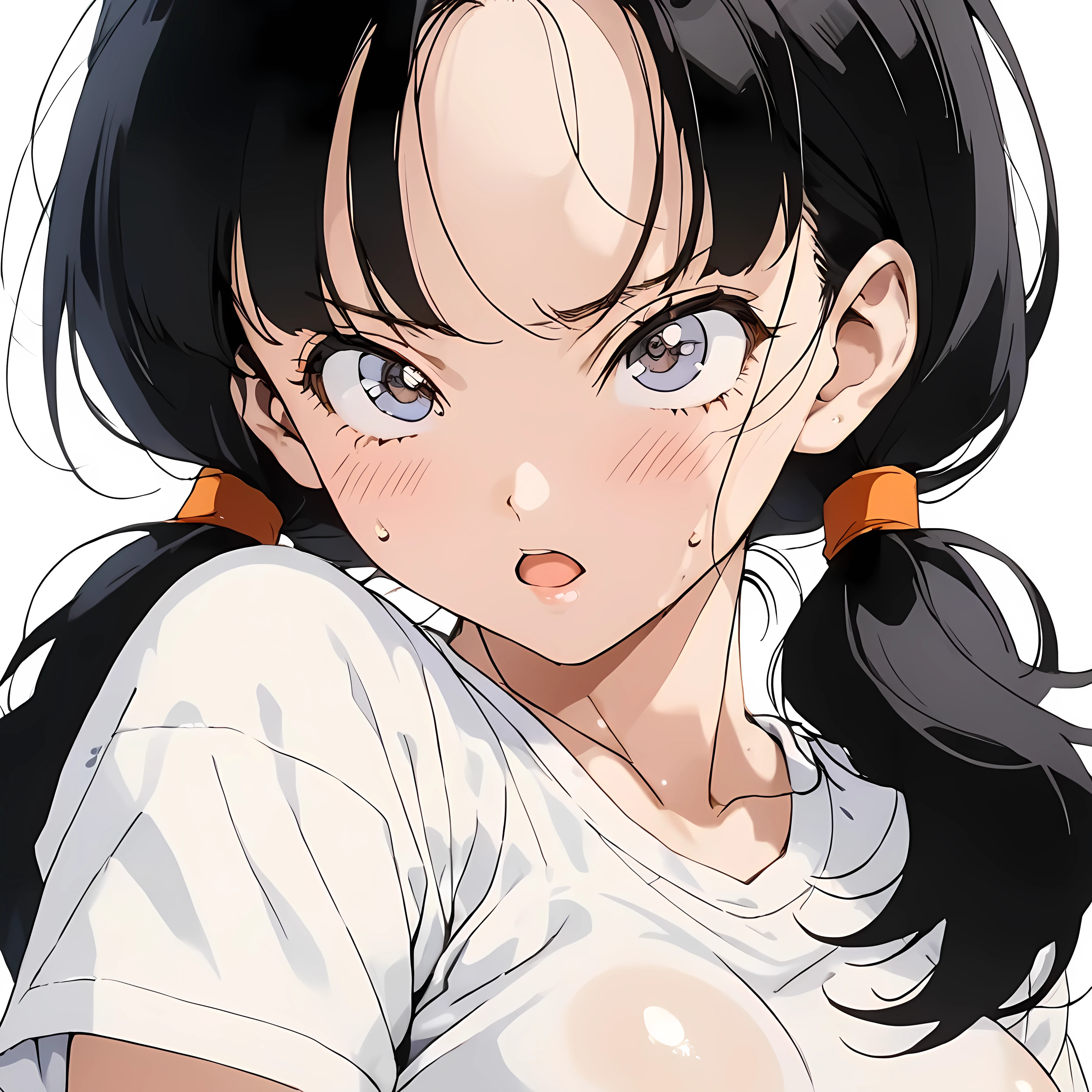 masterpiece, Best Quality, High resolution,16k,super detailed skin, (Videl),1990s \(style\),C cup beautiful breasts、height: 160cm,Sweating all over the body,athlete Muscular,sexy,1 girl,solo,Anime-style painting style,black short hair,low twintails hair,center parted swept bangs,forehead,boyish,Big eyes、Cool look,Pointed Eyes,White short sleeve T-shirt,Composition focusing on the upper body,blush,Showing cleavage,Anime-style painting style,,A composition that shows the whole body,Captivating look,Seductively Posing,(white simple background:1.5),(sexy,ahegao,vulgarity:1.2),closeup