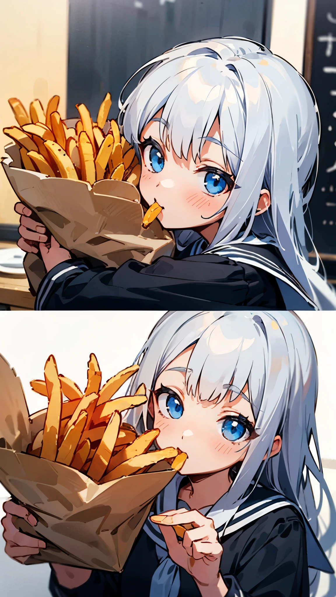 Silver Hair、 long hair 、 blue eyes、 sailor suit、cute、 eats french fries、delicious