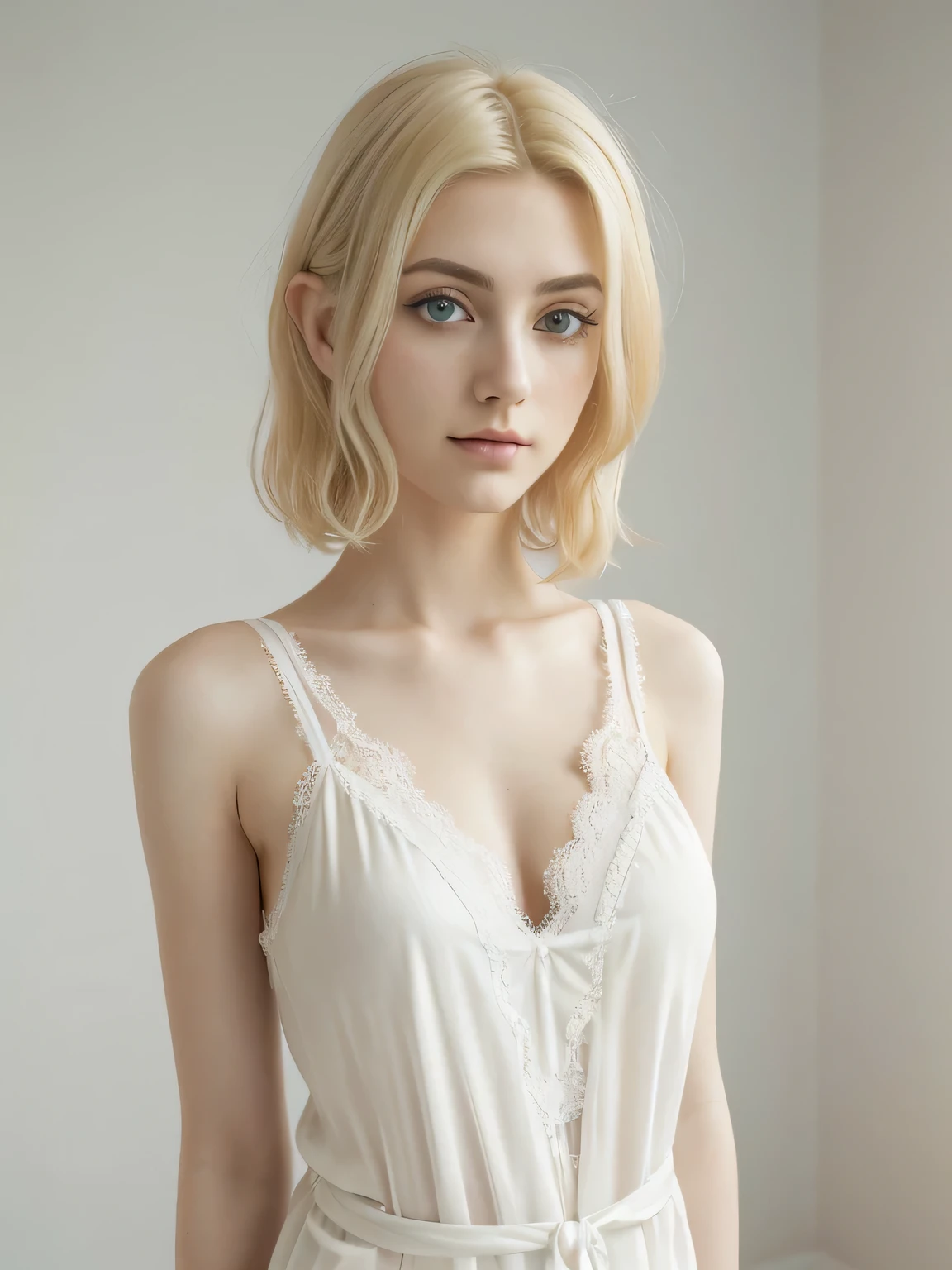 1girl in, age21, Eva Elfie, photo of perfect woman, portrait, looking straight at camera, 5'3", Solo, Aesthetic artwork, (blond, straight blonde hair, shoulder length blond hair:1.25), (clear skin, pale skin, medium breasts, B-cup, runners body, athletic, thin waist, skinny, detailed skin texture), (blank background, plain background, blank wall, (wearing an ivory white colored nightgown, A white slip, silk & lace pattern top), (extremely detailed 8k wallpaper), evening outdoor lighting, high quality, film grain, Fujifilm XT3 sharp focus, f 5.6, 50mm, High Detail, Sharp focus, (natural light), crazy details, complex details, hyper detailed