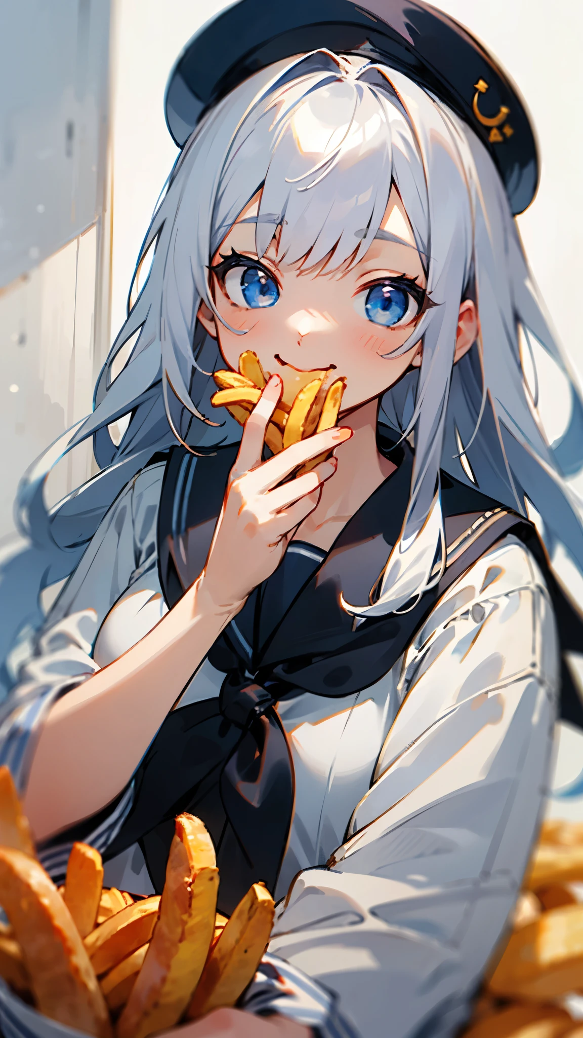 Silver Hair、 long hair 、 blue eyes、 sailor suit、cute、 eats french fries、delicious