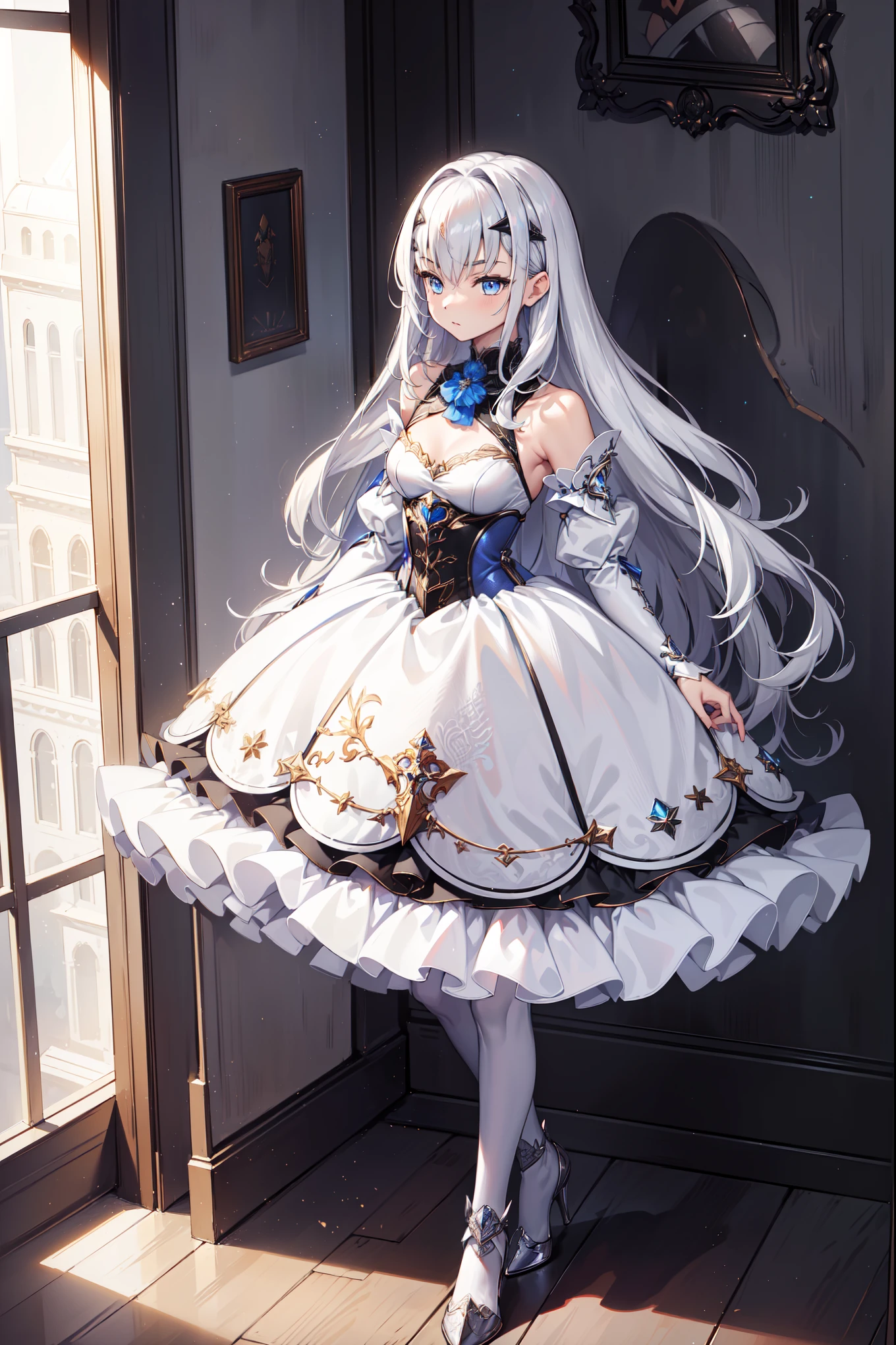 ( is the best quality,4K,8K, high resolution , masterpiece :1.2), super detailed, teen girl ，Holy，( silver white hair)， Blue Eyes ，Obsessed，Elegant standing posture，玩得happy，in love， lightweight princess dress， detailed clothes，pattern，Swimsuit，happy，  from the room ， alone ，A small amount of armor