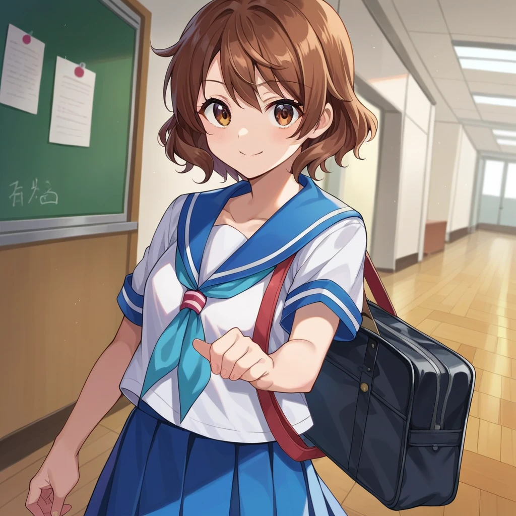 score_9, score_8_up, score_7_up, source_anime,
kumikooumae, kumiko oumae, brown eyes, brown hair, short hair, wavy hair, smile,
skirt, shirt, school uniform, white shirt, short sleeves, pleated skirt, serafuku, sailor collar, blue skirt, neckerchief, blue sailor collar, school bag, blue neckerchief, kitauji high school uniform,
indoors, classroom, hallway,
looking at viewer, cowboy shot, dutch angle, dynamic pose,