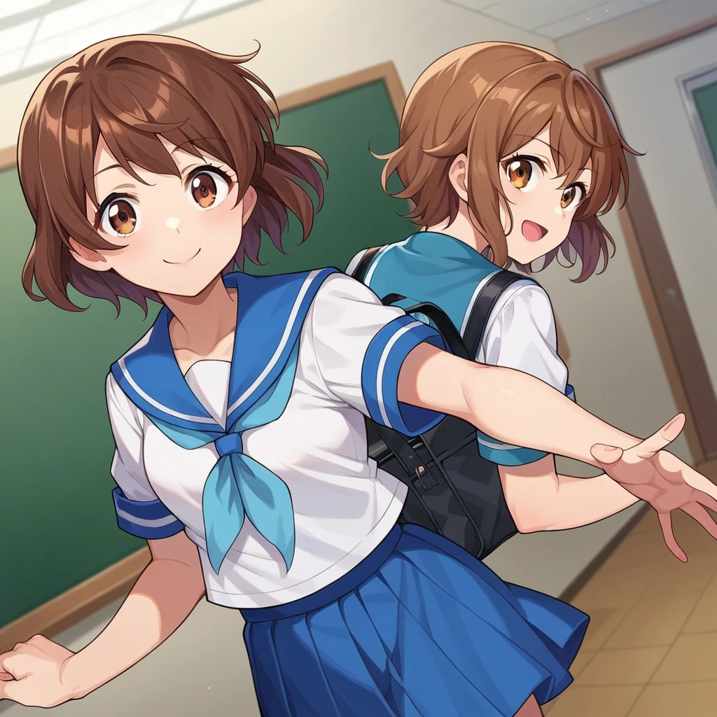 score_9, score_8_up, score_7_up, source_anime,
kumikooumae, kumiko oumae, brown eyes, brown hair, short hair, wavy hair, smile,
skirt, shirt, school uniform, white shirt, short sleeves, pleated skirt, serafuku, sailor collar, blue skirt, neckerchief, blue sailor collar, school bag, blue neckerchief, kitauji high school uniform,
indoors, classroom, hallway,
looking at viewer, cowboy shot, dutch angle, dynamic pose,