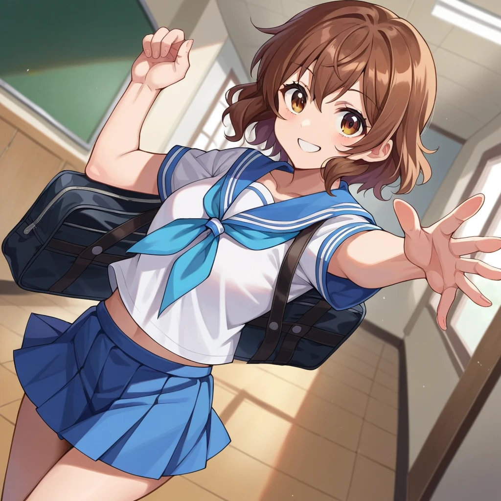 score_9, score_8_up, score_7_up, source_anime,
kumikooumae, kumiko oumae, brown eyes, brown hair, short hair, wavy hair, smile,
skirt, shirt, school uniform, white shirt, short sleeves, pleated skirt, serafuku, sailor collar, blue skirt, neckerchief, blue sailor collar, school bag, blue neckerchief, kitauji high school uniform,
indoors, classroom, hallway,
looking at viewer, cowboy shot, dutch angle, dynamic pose,