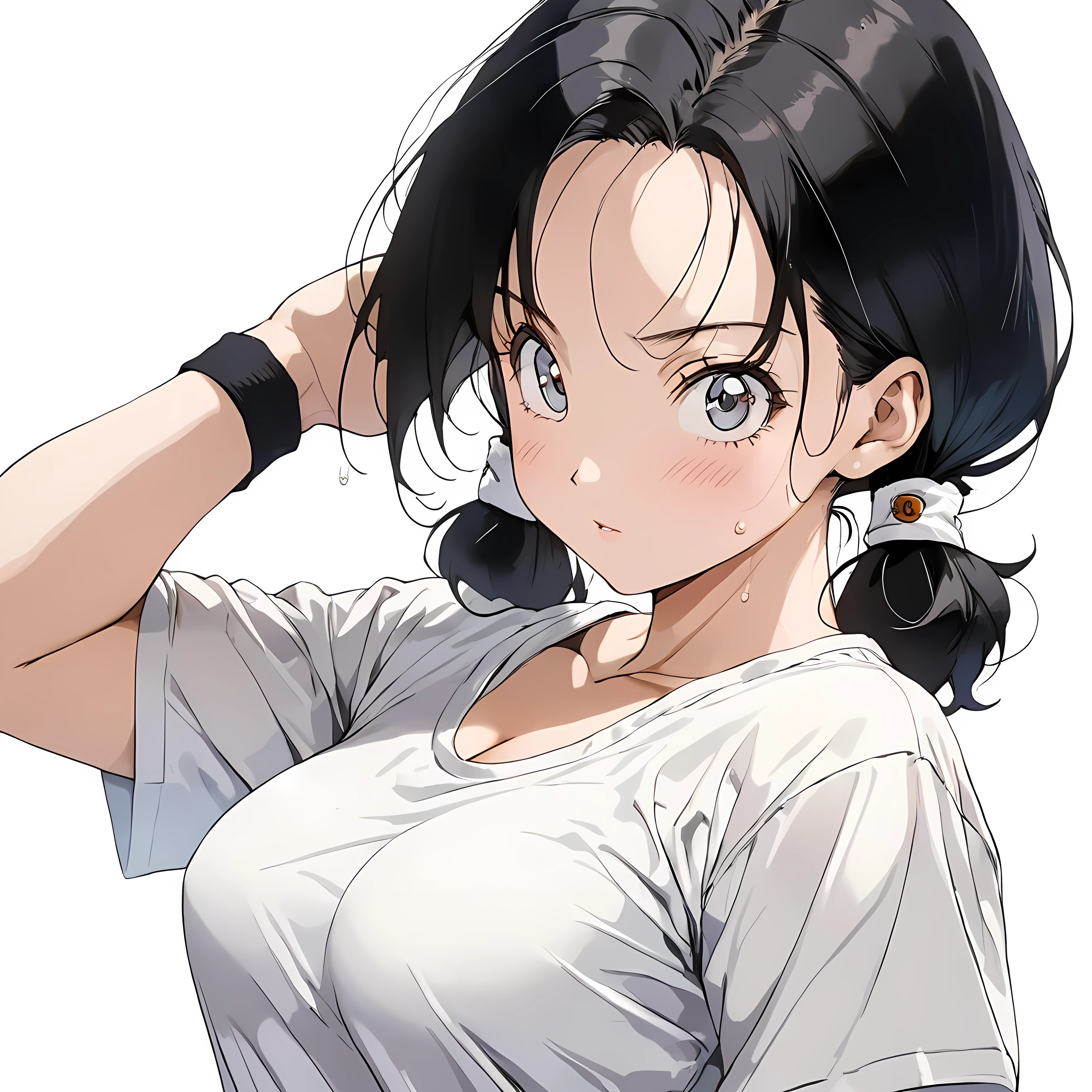 masterpiece, Best Quality, High resolution,16k,super detailed skin, (Videl),1990s \(style\),C cup beautiful breasts、height: 160cm,Sweating all over the body,athlete Muscular,sexy,1 girl,solo,Anime-style painting style,black short hair,low twintails hair,center parted swept bangs,forehead,boyish,Big eyes、Cool look,Pointed Eyes,White short sleeve T-shirt,Composition focusing on the upper body,blush,Showing cleavage,Anime-style painting style,,A composition that shows the whole body,Captivating look,Seductively Posing,(white simple background:1.5)