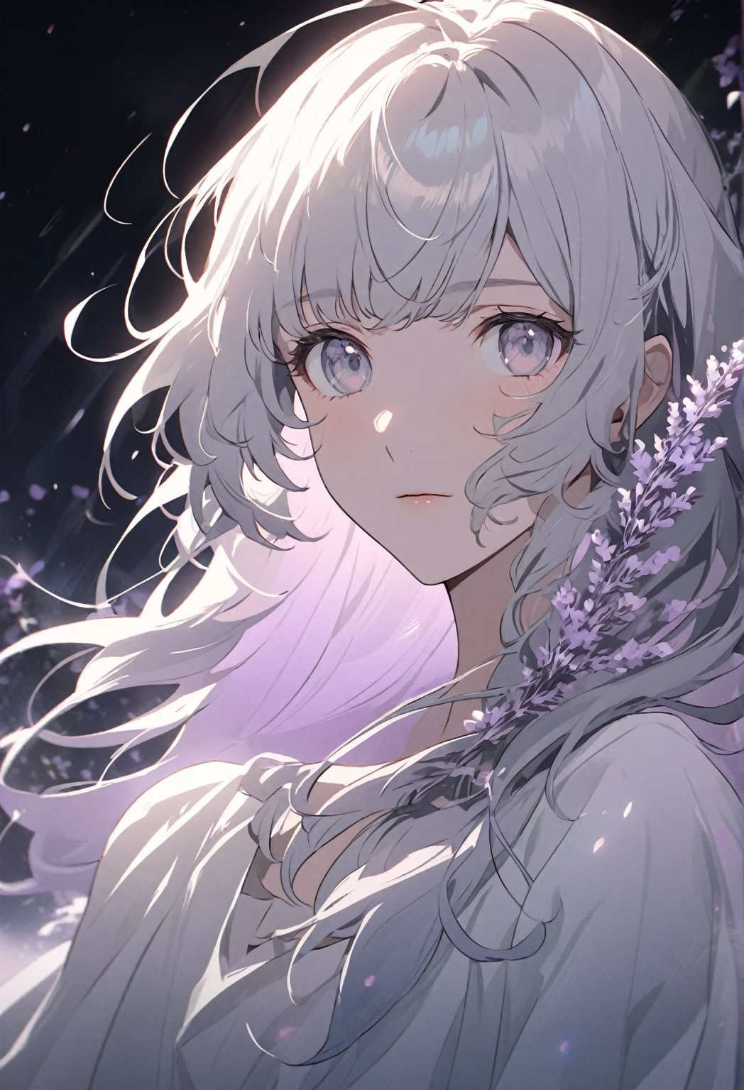 Create a soft, anime-style character portrait with a calm, ethereal appearance. The character has light, short, and tousled lavender-gray hair (hex color #F7F3FF) with soft layers and a slight wave, framing a delicate, rounded V-shaped face. The bangs are layered and uneven, gently falling across the forehead for a relaxed look. The eyes are large and round, with a light pastel lavender-gray iris (hex color #F7F5FF), giving a gentle and mystical appearance. Surround the eyes with a very thin, subtle eyeliner to enhance the shape without being dramatic. The eyelashes are soft and pale (hex color #EAE7E5), with short, delicate lines on the upper lid for a natural look. The character's eyebrows are thin, soft, and slightly arched, matching the calm expression. The nose is minimalistic, with a small shadow to suggest shape, and the mouth is a simple line, neutral in expression. The skin tone is very pale and smooth, with faint shading around the chin and nose. The character wears a small, subtle earring in each ear, adding a touch of style. Use soft lighting and a muted color palette to create a serene, slightly otherworldly vibe. The background should be a simple, soft gradient that complements the light, monochromatic theme, enhancing the character's angelic aura.