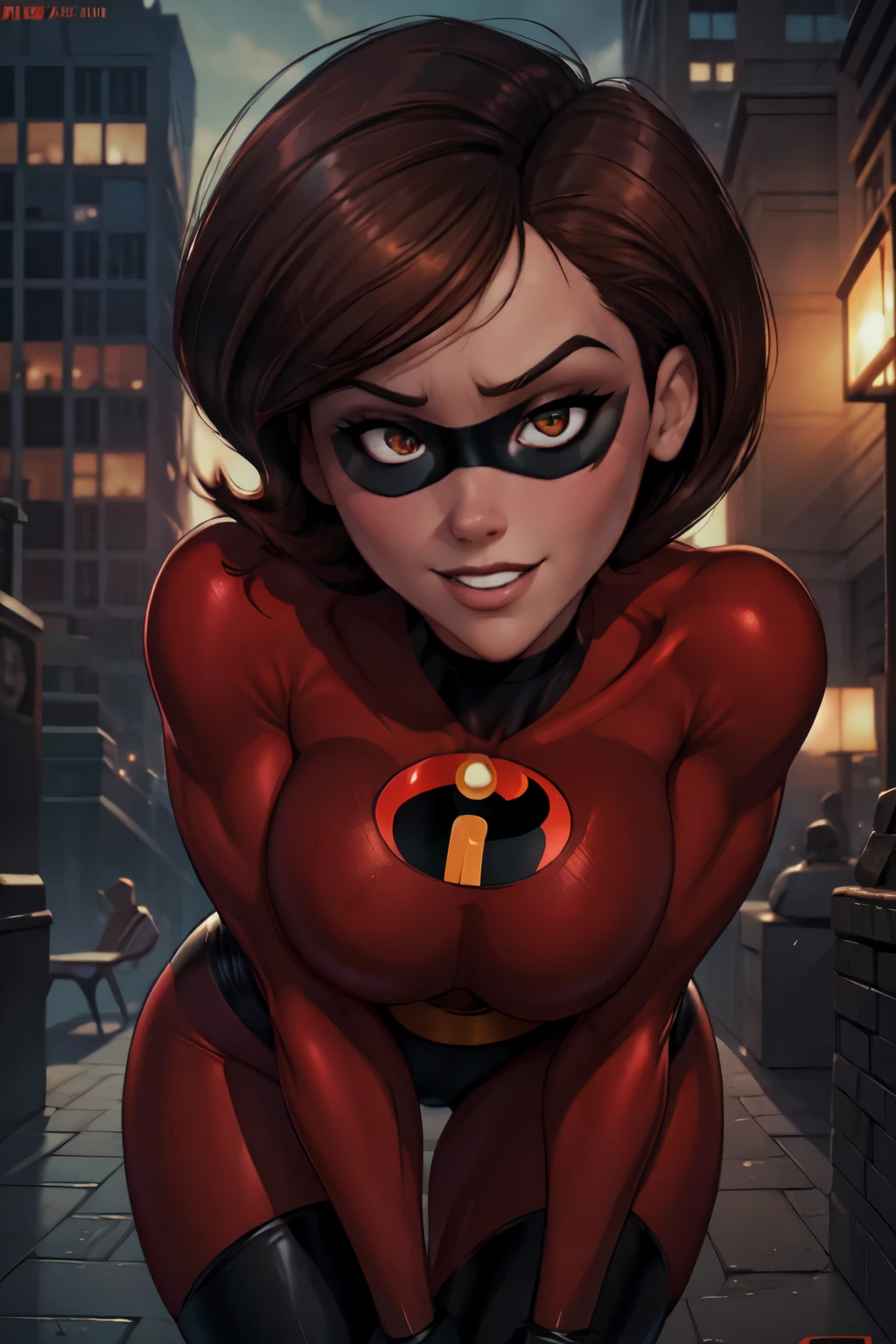 masterpiece, best quality, 4k, detailed, intricate, realistic),hot super-heroine notices the criminal’s massive cock bulge while they are fighting and smiles erotically at him, skyscraper, helenparr, tight superhero costume, red costume, sexy costume, detailed face, detailed body, Intricate, High Detail, Sharp focus, studio lighting, detailed, detailed face, sexy, sexy pose, Helen Parr, normal body, fair skin, green eyes, playful, Kate Beckinsale, domino mask, mask, adult woman, mature woman, perfect eyes, beautiful eyes, naughty, provocative, provicative pose