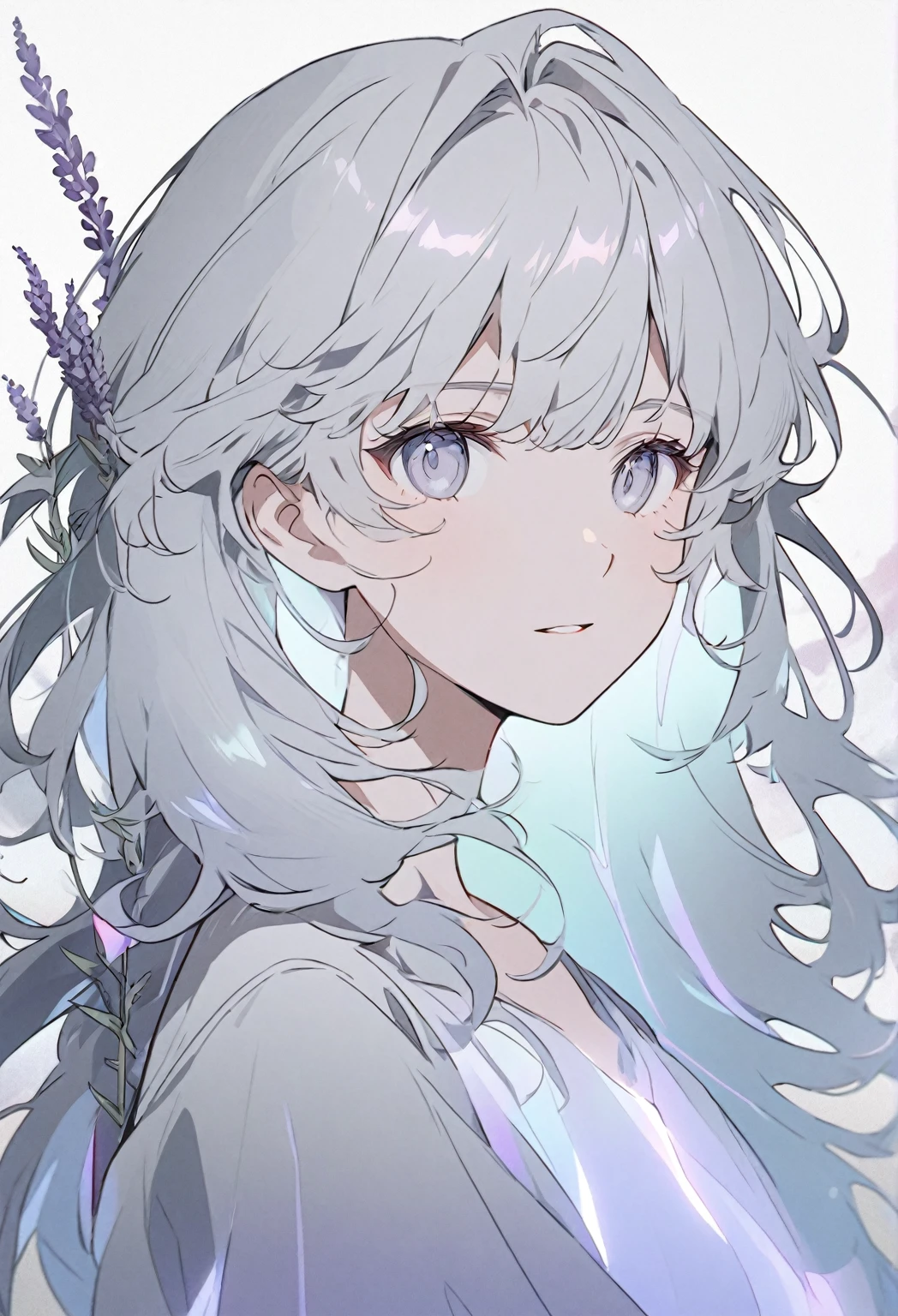 Create a soft, anime-style portrait with a calm, ethereal appearance. The character has light, short, and tousled lavender-gray hair (hex color #F7F3FF) with soft layers and a slight wave, framing a delicate, rounded V-shaped face. The bangs are layered and uneven, gently falling across the forehead for a relaxed look. The eyes are large and round, with a light pastel lavender-gray iris (hex color #F7F5FF), giving a gentle and mystical appearance. Surround the eyes with a very thin, subtle eyeliner to enhance the shape without being dramatic. The eyelashes are soft and pale (hex color #EAE7E5), with short, delicate lines on the upper lid for a natural look. The character's eyebrows are thin, soft, and slightly arched, matching the calm expression. The nose is minimalistic, with a small shadow to suggest shape, and the mouth is a simple line, neutral in expression. The skin tone is very pale and smooth, with faint shading around the chin and nose. The character wears a small, subtle earring in each ear, adding a touch of style. Use soft lighting and a muted color palette to create a serene, slightly otherworldly vibe. The background should be a simple, soft gradient that complements the light, monochromatic theme, enhancing the character's angelic aura.