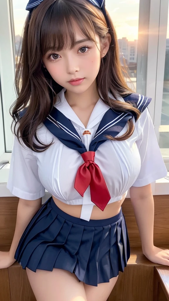 one woman、38 years old、sailor uniform cosplay、Japanese、cute、high school uniform、pleated mini skirt、classroom、stare、big eyes、red cheeks、ponytail、brown hair、beautiful legs、light blue stripes々panties、plump thighs、sexy、lust、wet body