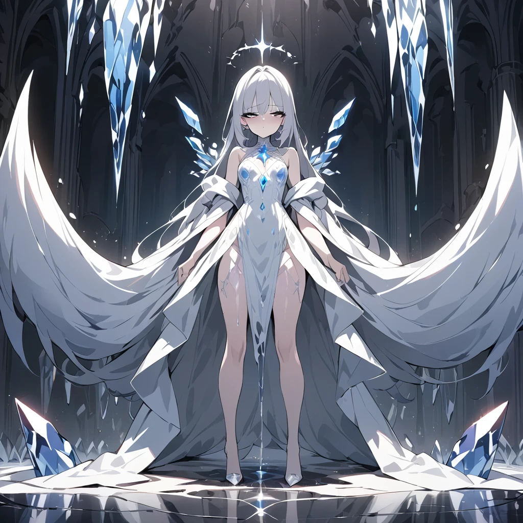 (masterpiece, best quality:1.2),ground shot,full body, crystal freezing girl, half-closed eyes, jitome ,intimidating eyes,Condescending eyes, solo,divine shine,dark gothic