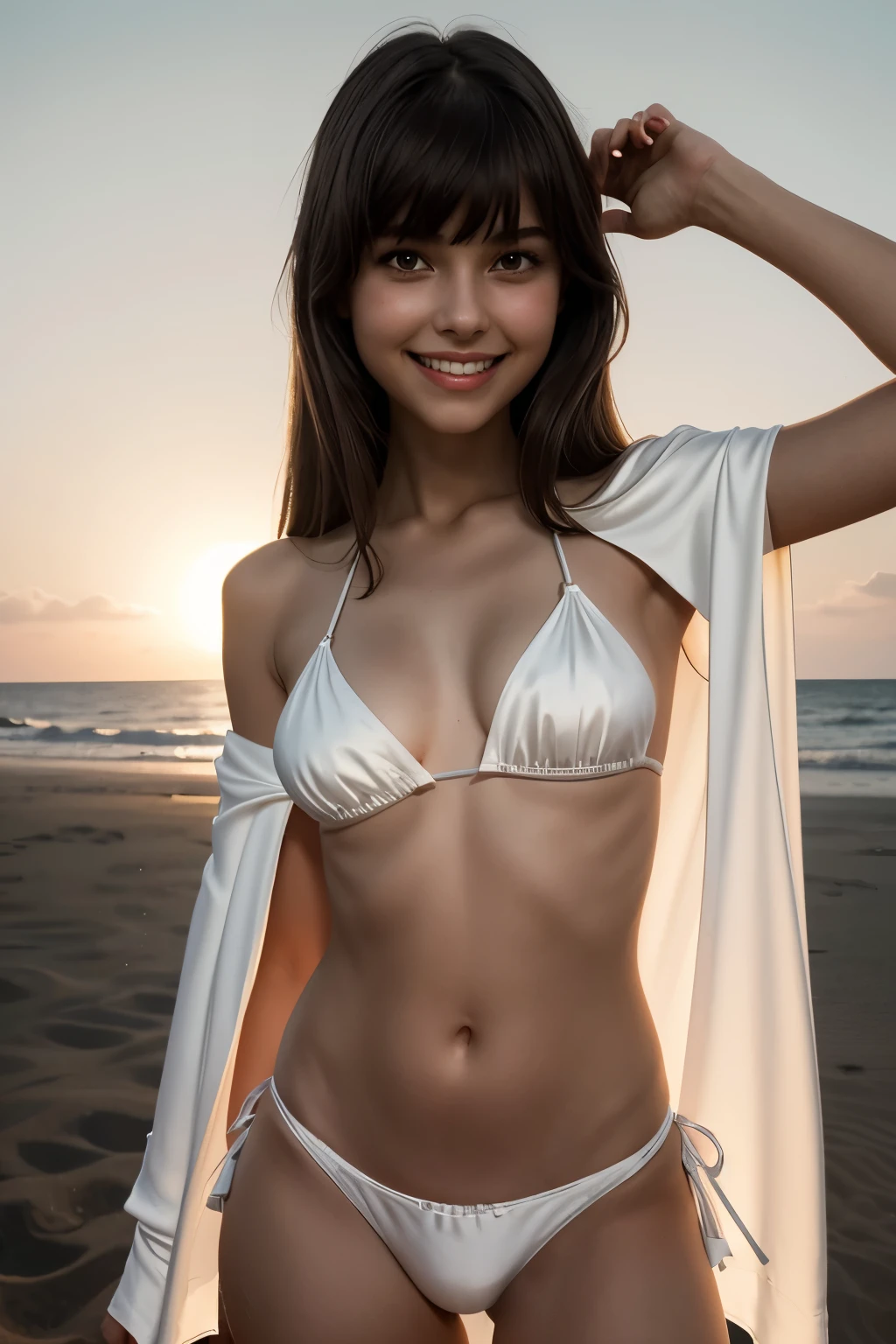 best quality, masterpiece, 1girl, grin, (silhouette lighting:1.1), (upper body:1.3), long hair with bangs, small breast, (white silk bikini:1.2), white short cape, hands down, dune at dusk, p3nn1r0